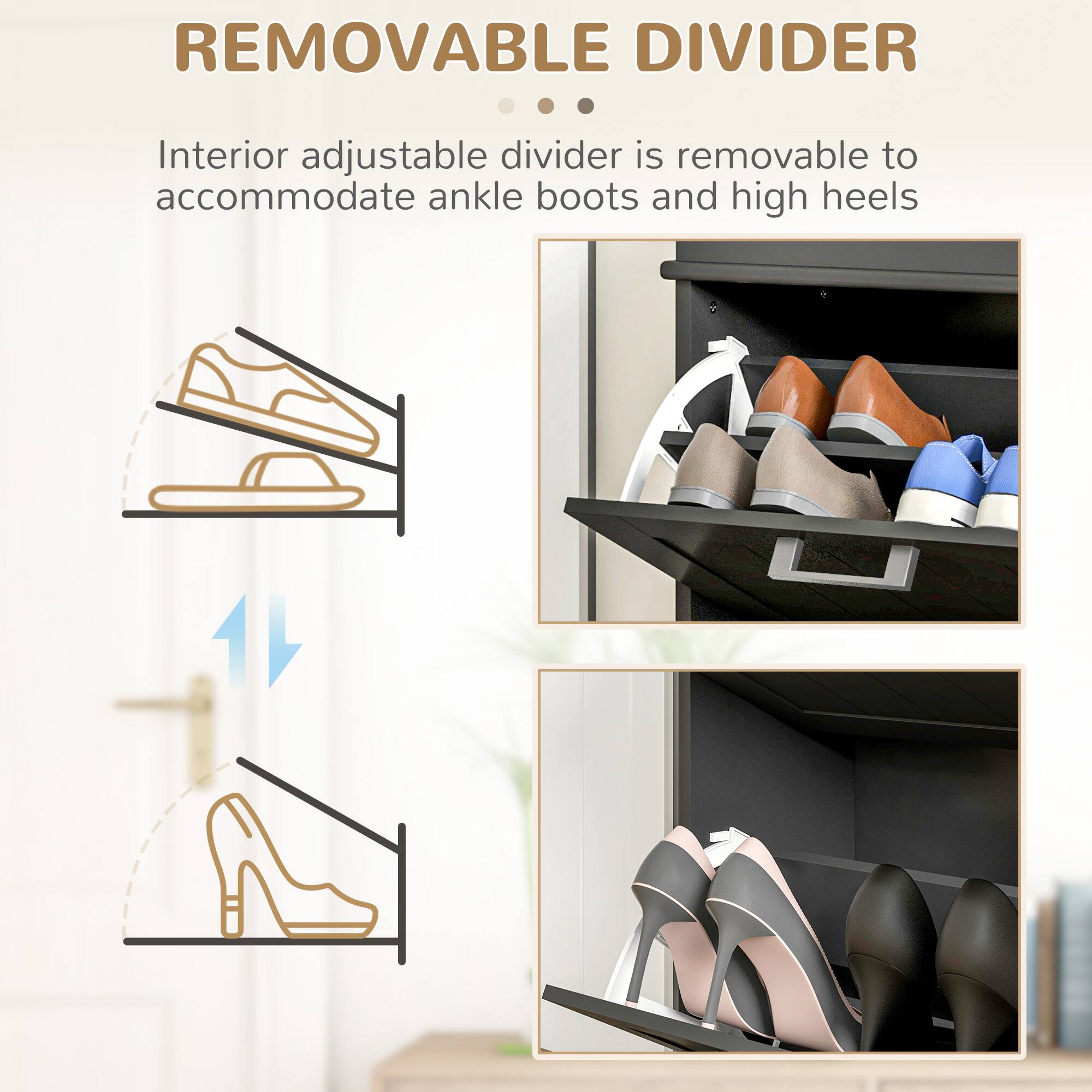REMOVABLE DIVIDER
Interior adjustable divider is removable to accommodate ankle boots and high heels