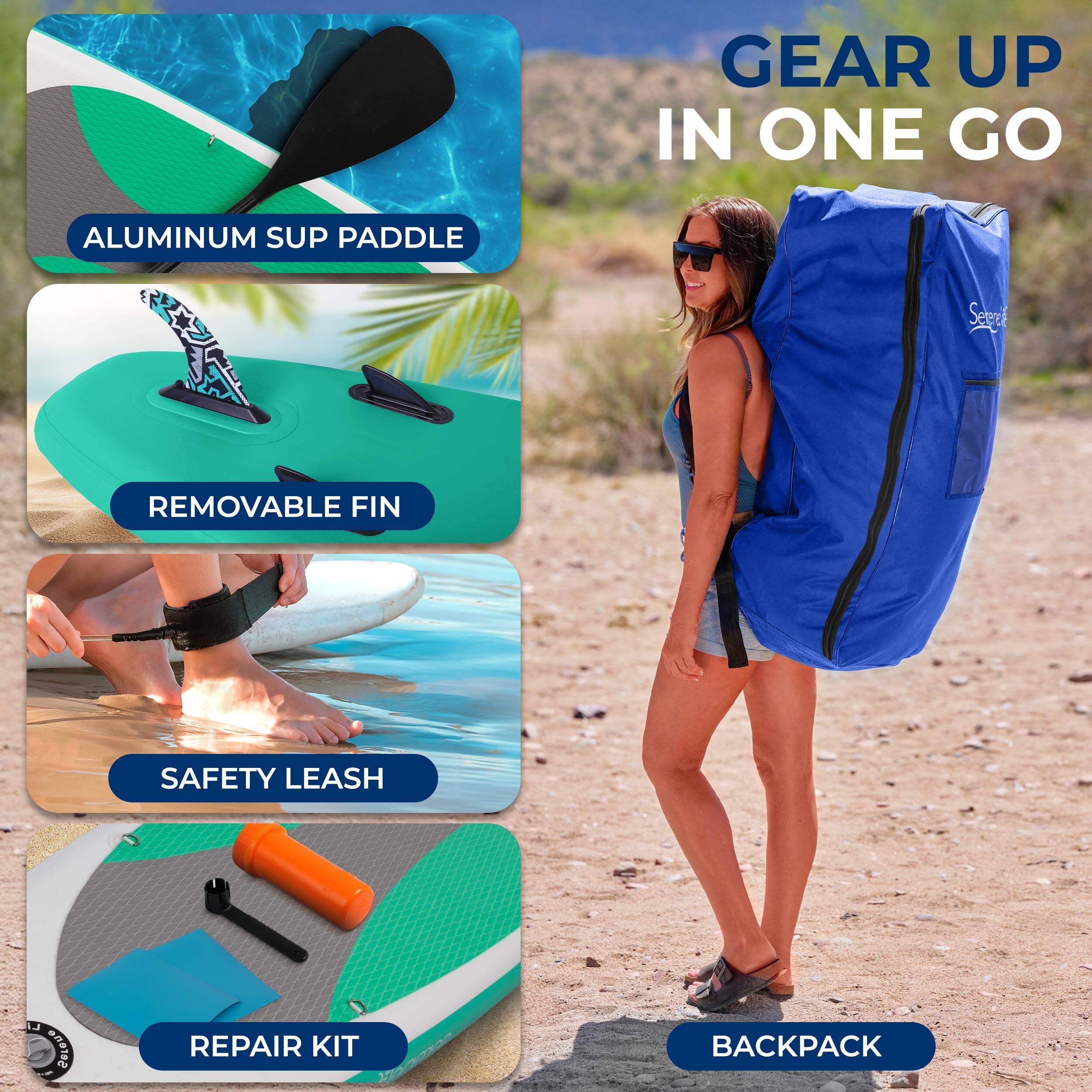 GEAR UP IN ONE GO

- ALUMINUM SUP PADDLE
- REMOVABLE FIN
- SAFETY LEASH
- REPAIR KIT
- BACKPACK