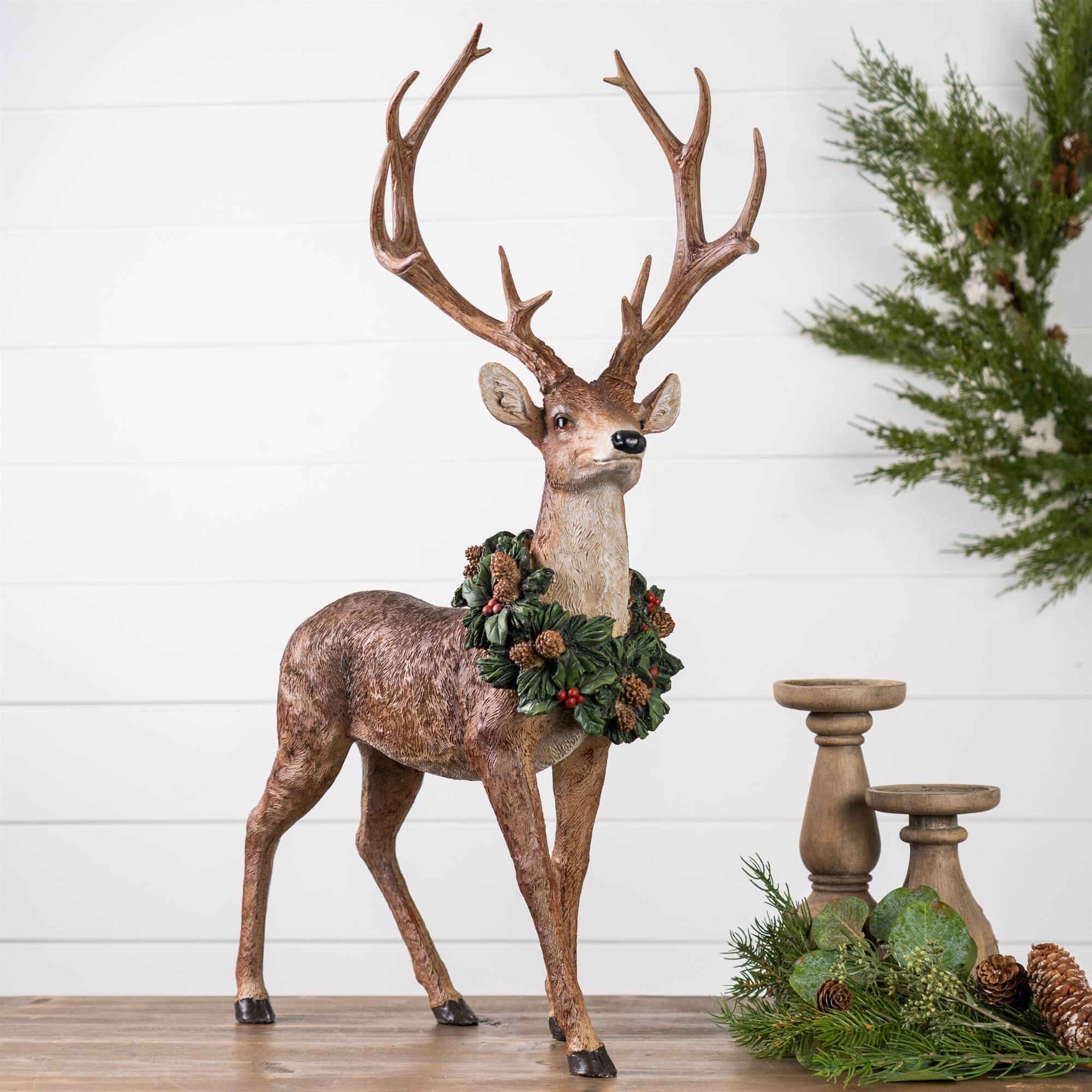 Angle. BreeBe - Holiday Standing Deer Figurine with Wreath Accent (Set of 2) - Green, Brown.