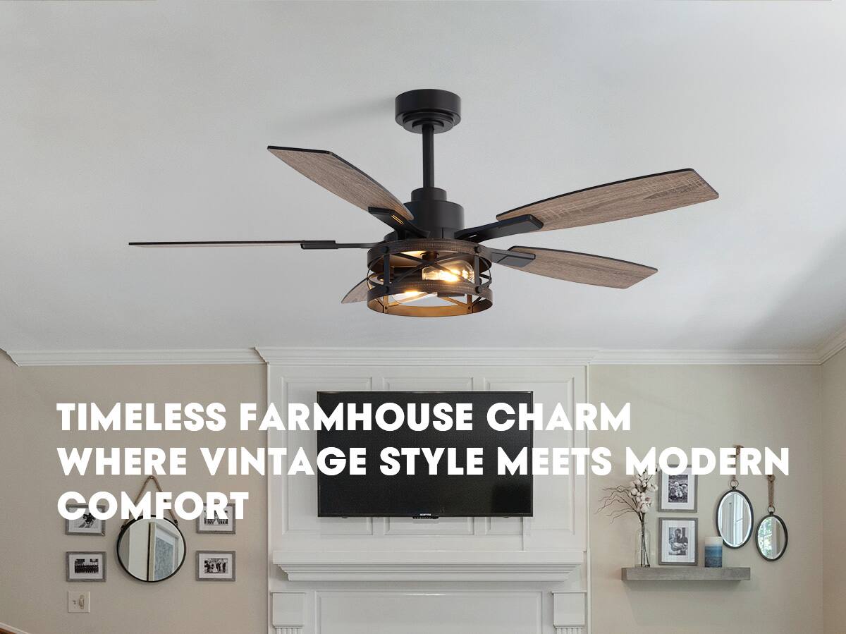 Siljoy - 52-in Rustic Cage Ceiling Fan with Walnut or Black Color Blades Ceiling Fan With Light - Remote Included ( 5-Blade ) - Black and Gold Accents