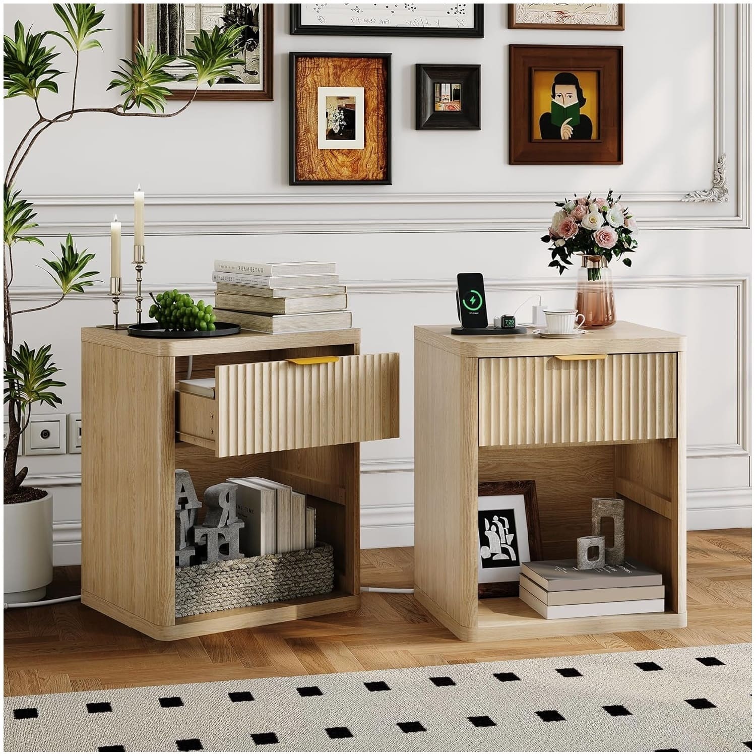 GARVEE - Fluted Nightstand Set of 2 with Charging Station, Bedside Table with Drawers and Open Storage Space, Color - Natural