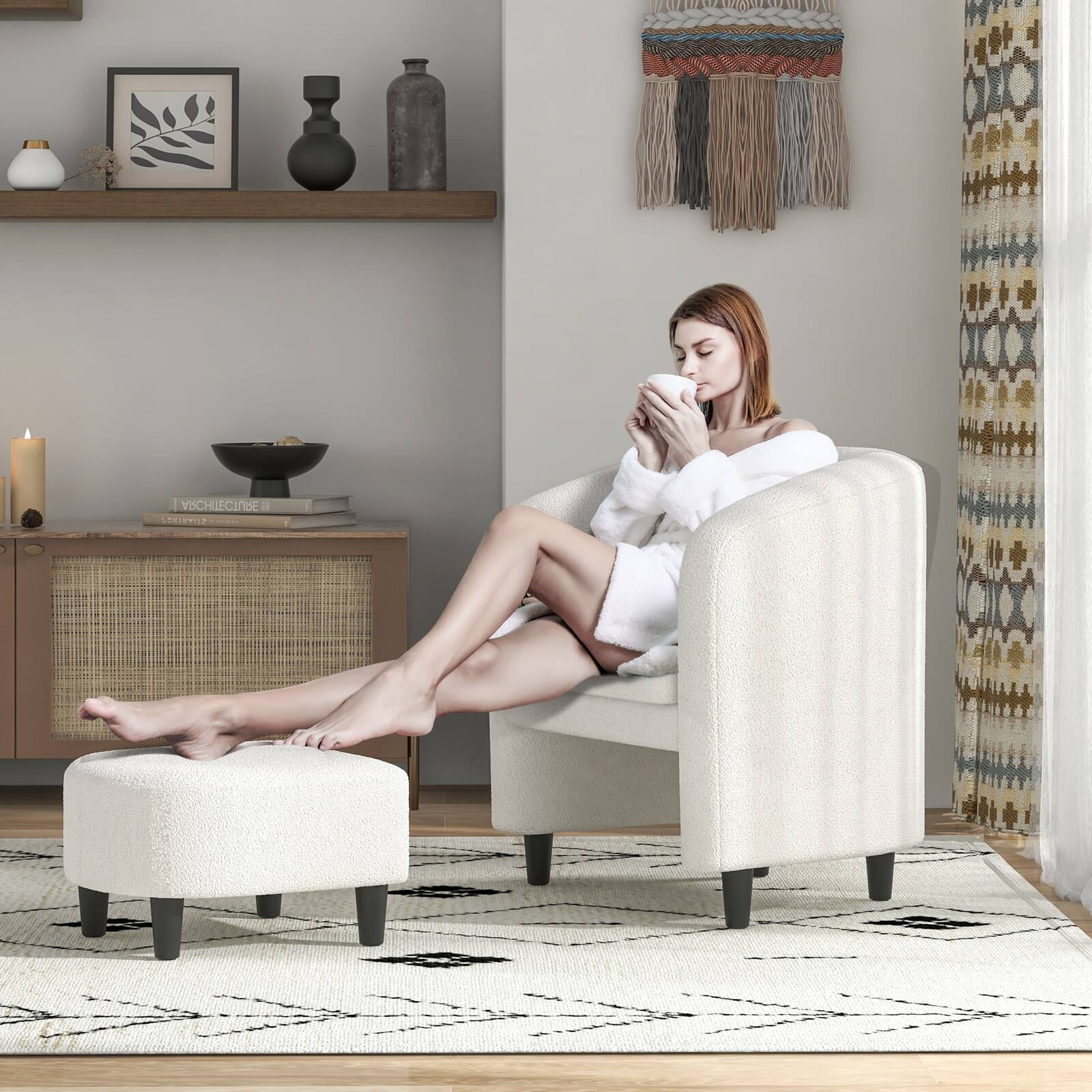 I'm sorry, but I cannot group or correct the text "VISCHUECI N MNS" as it does not appear to be related to the image or its content. The image shows a woman sitting in a chair, holding a cup, and there are no visible text or context that would suggest a connection to "VISCHUECI N MNS."