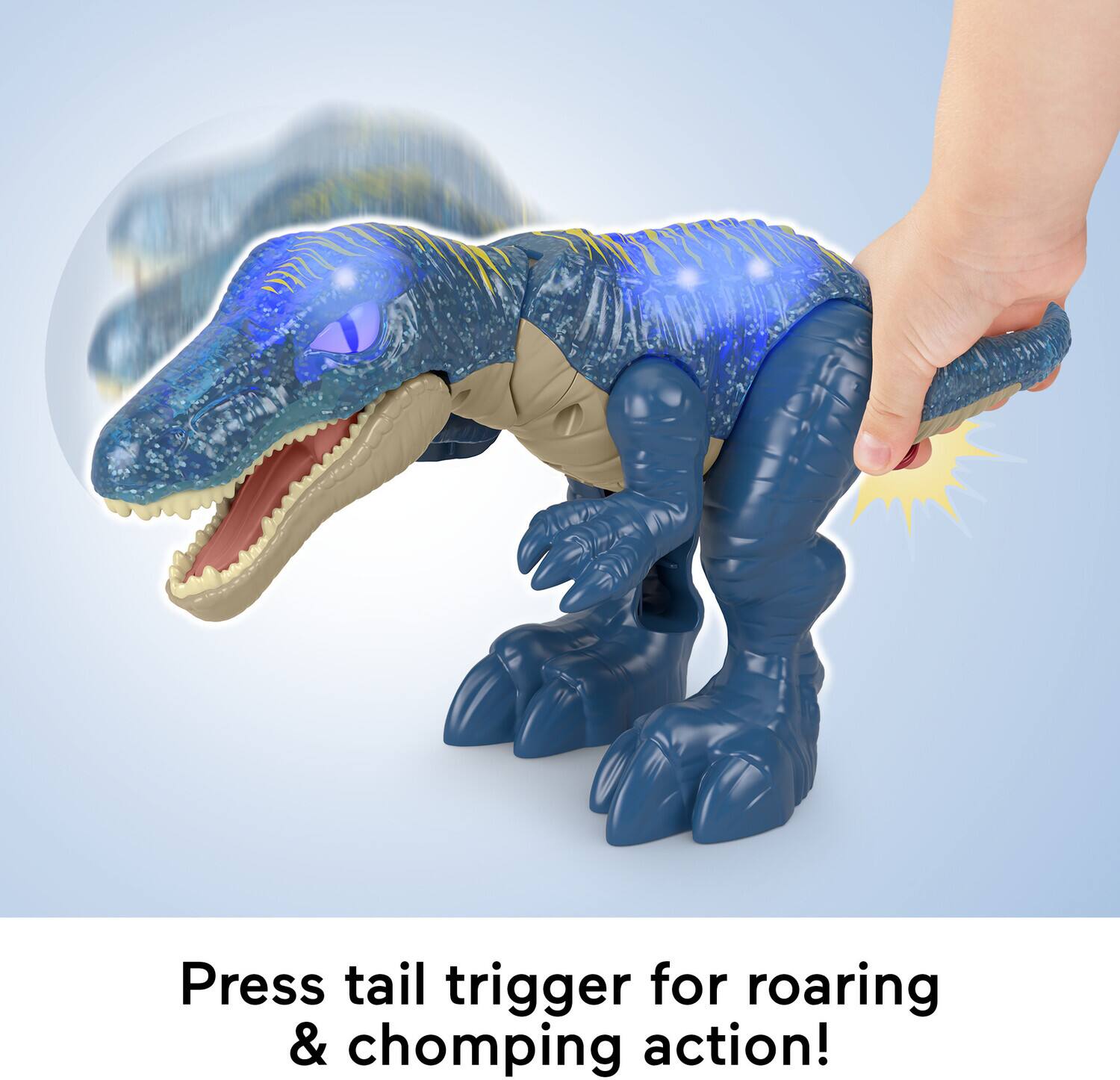 Press tail trigger for roaring & chomping action!