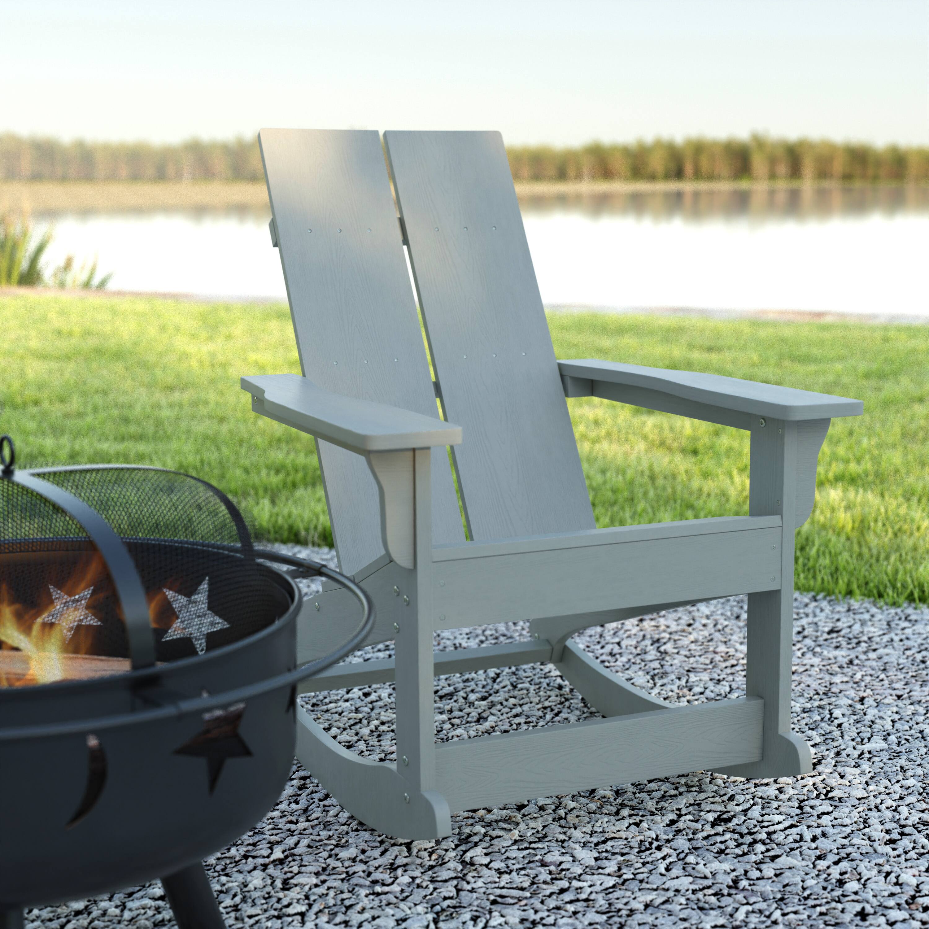 Alt View 4. Emma + Oliver - Modern All-Weather Poly Resin Adirondack Rocking Chair for Indoor/Outdoor Use - Gray.