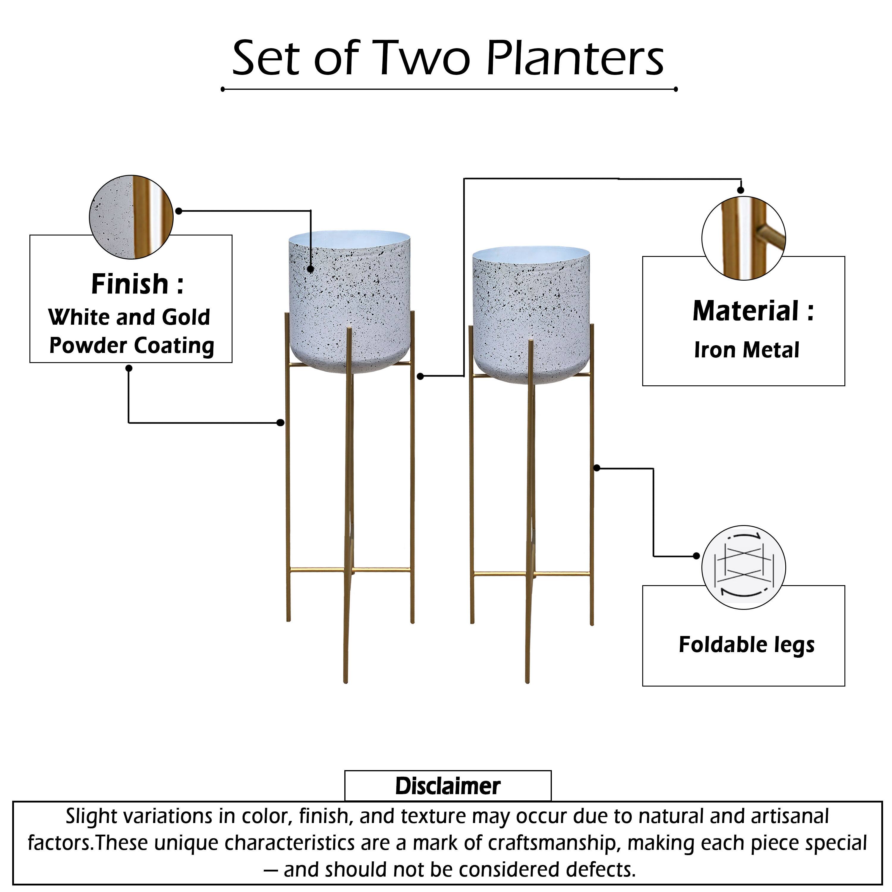 Set of Two Planters

Finish: White and Gold Powder Coating  
Material: Iron Metal  
Foldable legs  

Disclaimer: Slight variations in color, finish, and texture may occur due to natural and artisanal factors. These unique characteristics are a mark of craftsmanship, making each piece special - and should not be considered defects.