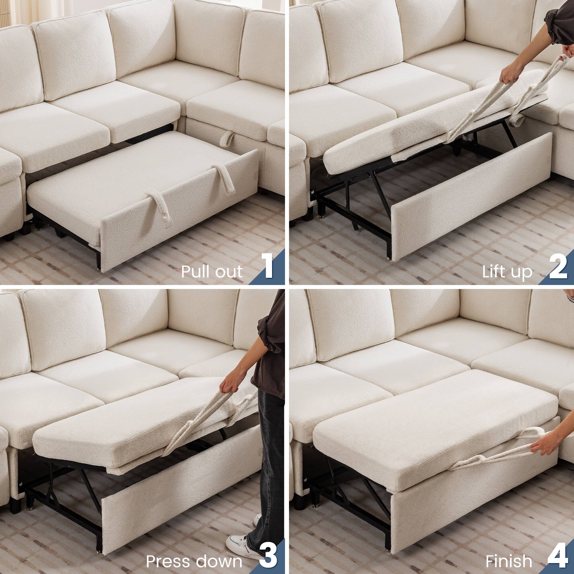 1. Pull out  
2. Lift up  
3. Press down  
4. Finish