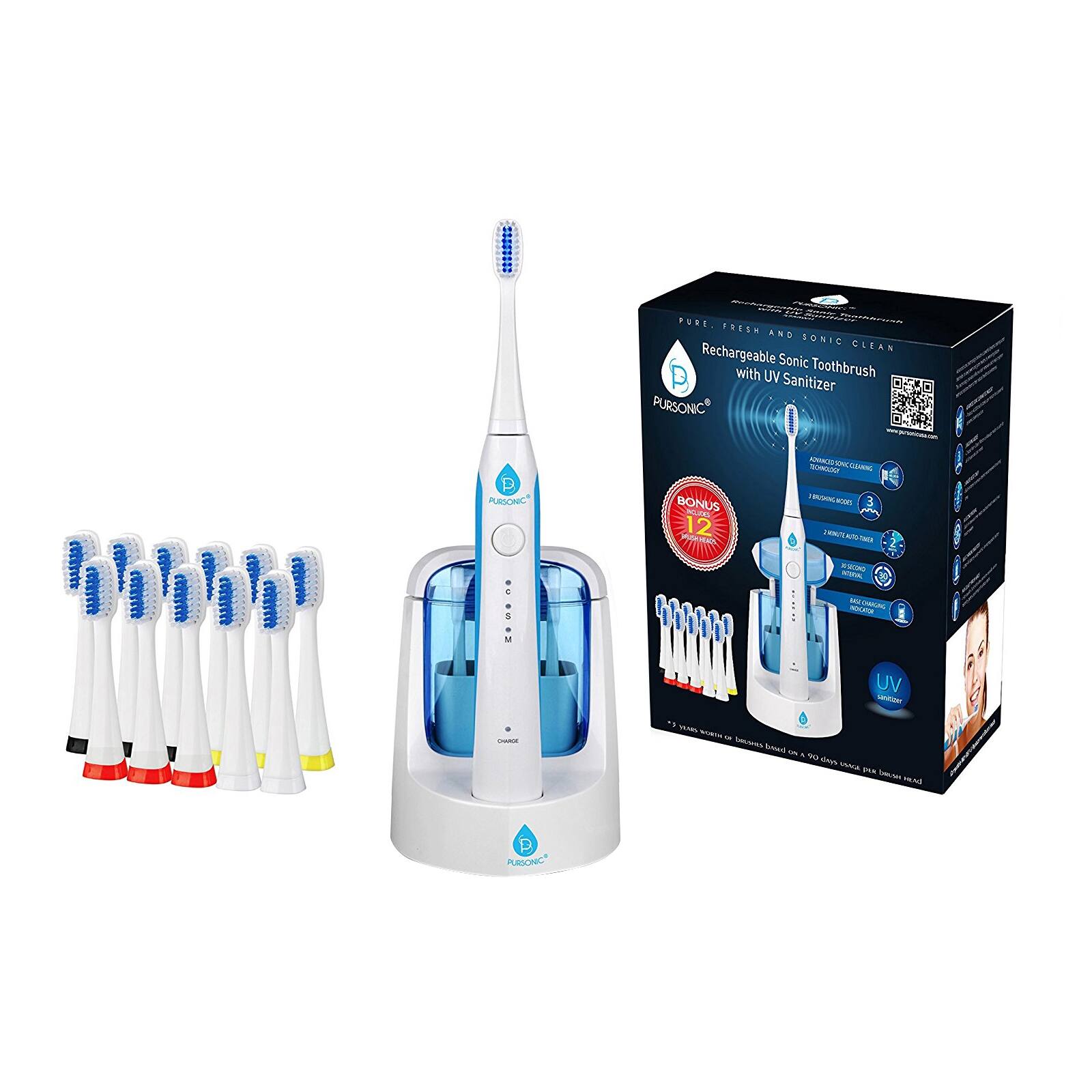 PURE, FRESH AND SONIC CLEAN. Rechargeable Sonic Toothbrush with UV Sanitizer. PURSONIC. BONUS 12 BRUSH HEADS. UV C.