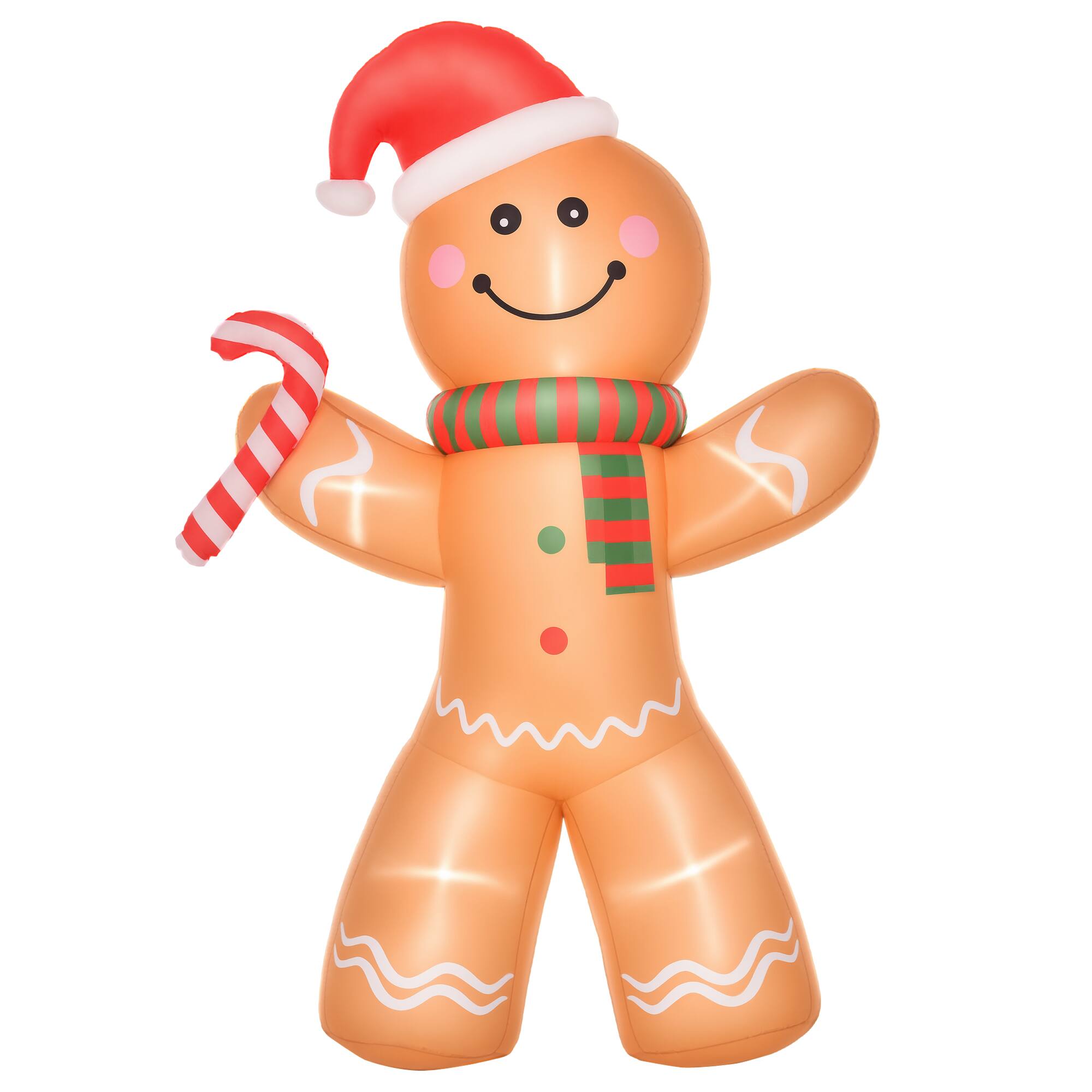Homcom - 8ft Inflatable Gingerbread Man with Candy Cane, Outdoor Blow-Up Yard Decoration with LED Lights - Brown
