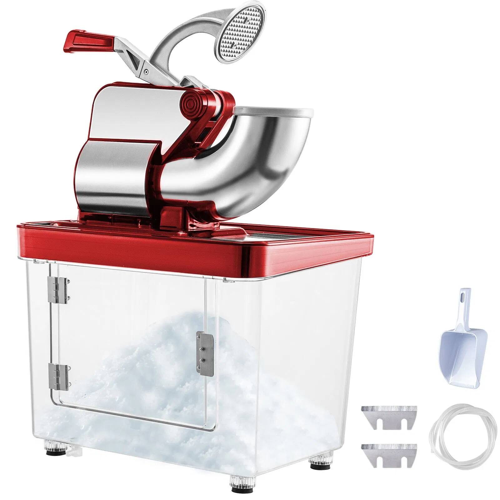 Left. Forest'nSky - ETL Approved Ice Crusher - 440 lb/hr, 300W Dual-Blade, 110V Commercial Shaved Ice Machine, Stainless Steel - Red.