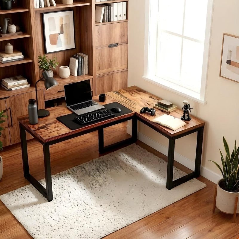 Dyonery - 66-in L-shaped computer desk, metal frame, rechargeable, corner-style desk, suitable for office use - Brown