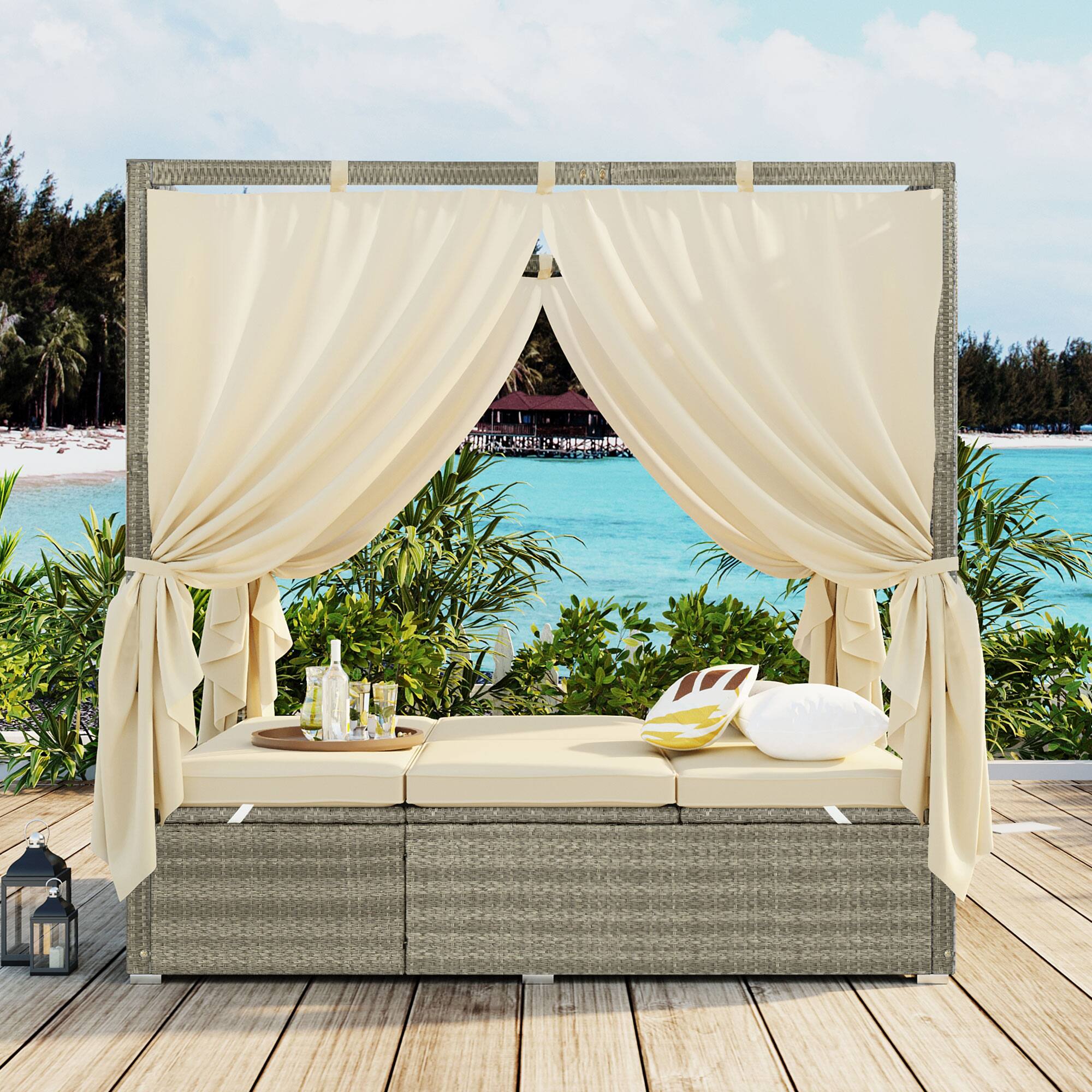 Angle. Mondawe - Outdoor Adjustable Sun Lounger with Canopy, Recline and Removable Cushion - Beige.