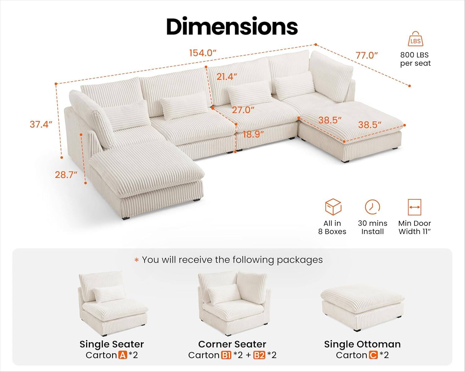 Dimensions: 154.0" x 21.4" x 77.0"  
Weight Capacity: 800 LBS per seat  
Seat Dimensions: 37.4" x 27.0" x 18.9"  
Armrest Dimensions: 38.5" x 38.5" x 28.7"  
All in 8 Boxes  
30 mins Install  
Min Door Width: 11"  

You will receive the following packages:  
- Single Seater Carton A *2  
- Corner Seater Carton B1 *2 + B2 *2  
- Single Ottoman Carton C *2
