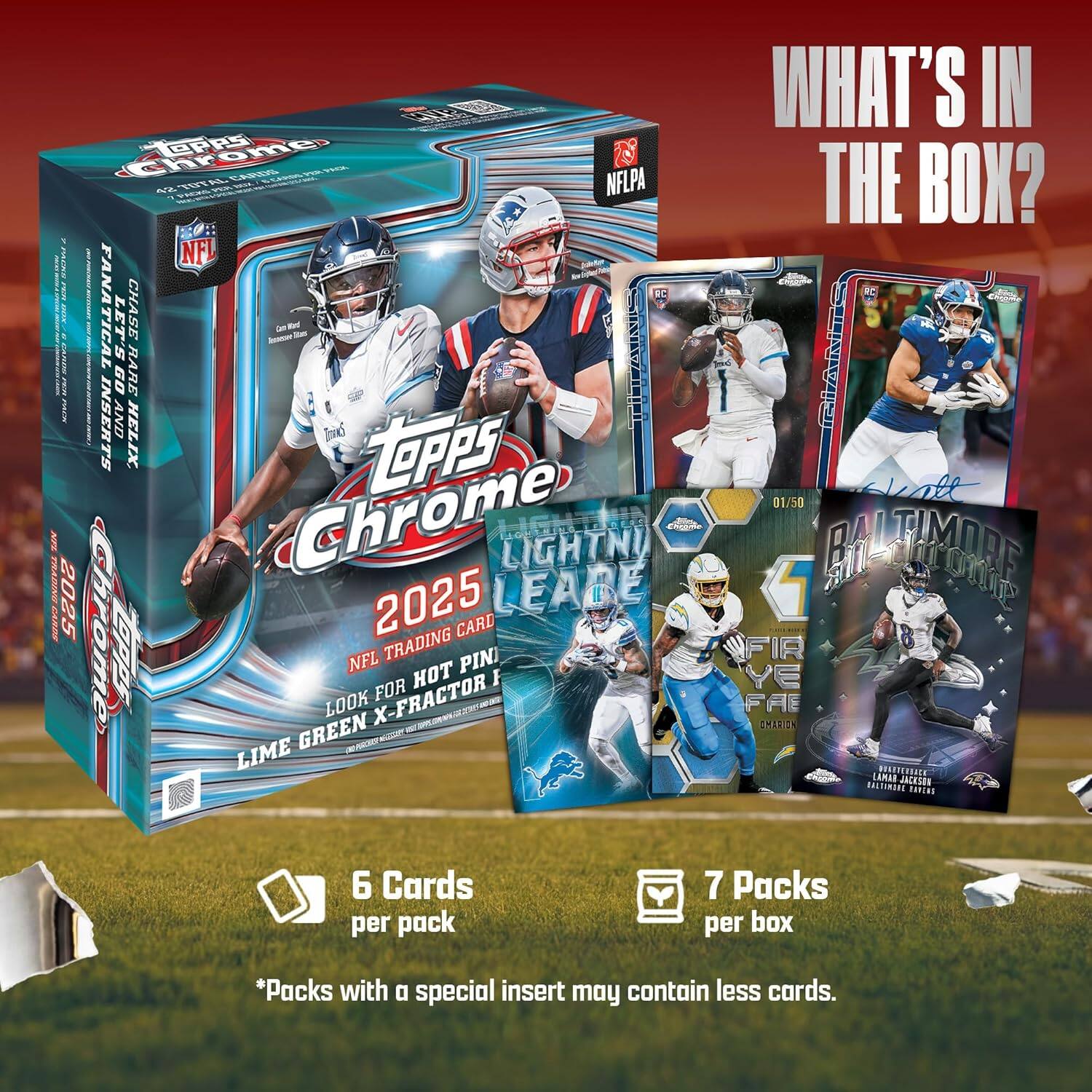 CEA Chrome OPA ome A NFLPA NTTA NFL I FANATICAL LET'S CHASE - fed - SIMAADIUS GO RARE INSERTS AND HELIX TePPS NFL Chrome IGHTA LIGHTN TRADINE-CARD 2025 2025 LEABE CARD chrome ZPps GREEN LOOK NFL X-FRACTOR FOR TRADING HOT PINI I SeP LIME WHAT'S IN THE BOX? adaa I 01/50 i BAL TIMORE OIIP 1 FIR YE FAE SHARIN ARAR JACKSON BALTIRINL nanIus 6 Cards per pack 7 Packs per box *Packs with a special insert may contain less cards.

Topps Chrome 2025 NFL Trading Card
- Look for Hot Pin LIME GREEN X-FRACTOR
- 6 Cards per pack
- 7 Packs per box
- *Packs with a special insert may contain less cards.