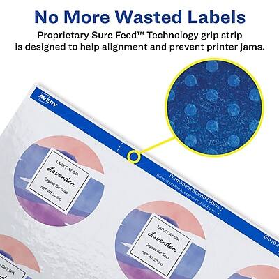 No More Wasted Labels  
Proprietary Sure Feed™ Technology grip strip is designed to help alignment and prevent printer jams.

AVERY DAY SPA LARX DAY Lavenden SPA Organic Bar NET Soap WT 20 (N)  
AVERY DAY SPA LARX DAY Lavenden SPA Organic Bar NET Soap WT 20 (N)