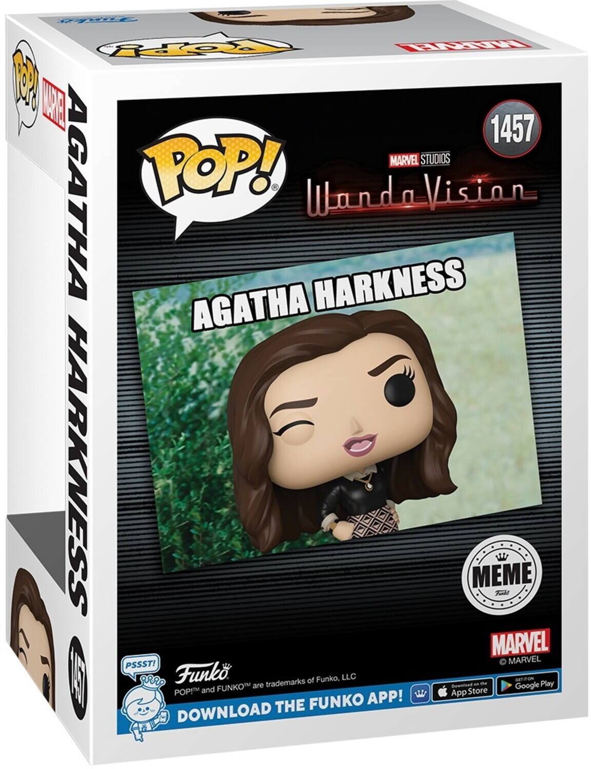 MARVEL STUDIOS, POP!, Wanda Vision, AGATHA HARKNESS, AGATHA HARKNESS, MEME, Funko, MARVEL, PSSST!, MARVEL, Funko trademarks of Funko, LLC, GET IT ON, App Store, Google Play, DOWNLOAD THE FUNKO APP!