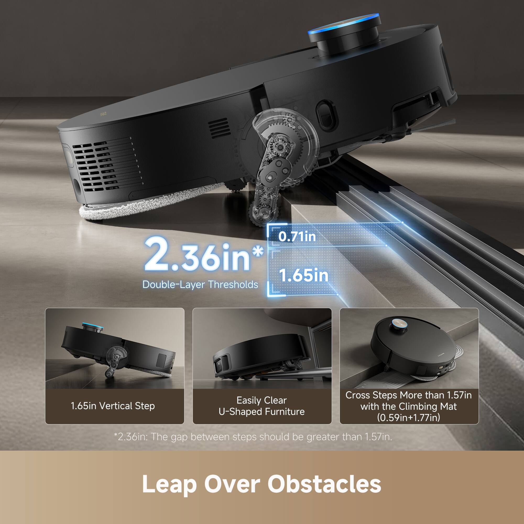 2.36in*  
Double-Layer Thresholds  
0.71in  
1.65in  

1.65in Vertical Step  
Easily Clear U-Shaped Furniture  
Cross Steps More than 1.57in with the Climbing Mat (0.59in+1.77in)  

*2.36in: The gap between steps should be greater than 1.57in.  

Leap Over Obstacles
