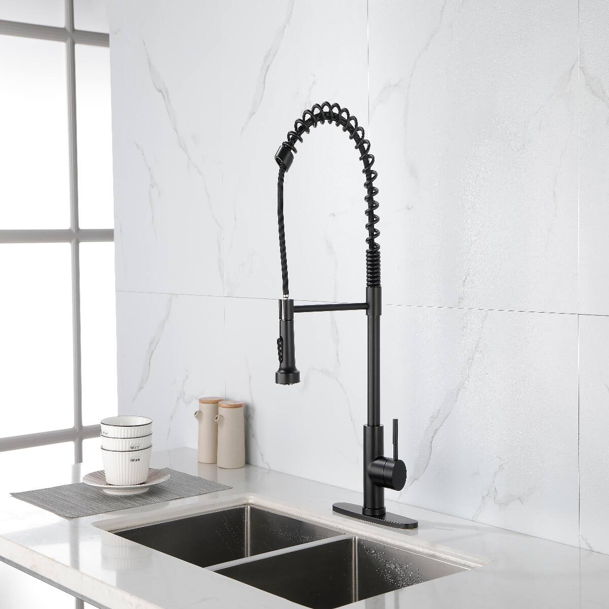 Angle. Ropilly - Ropilly Spring Kitchen Faucet with Pull Out Sprayer, Matte Black Stainless Steel Single Handle Single Hole Faucet - Matte Black.