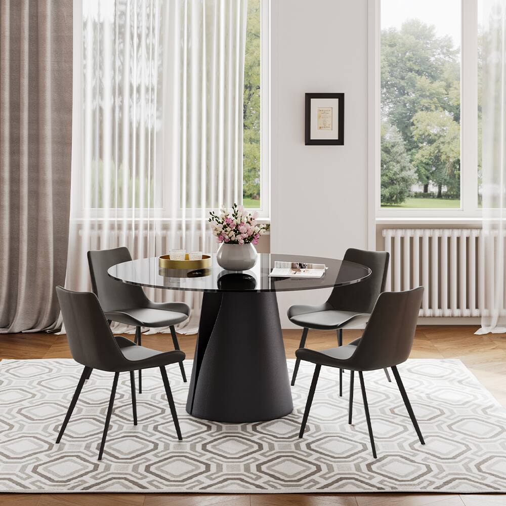 Left. POVISON - 47" Modern Black Round Dining Table For 4, Tempered Glass Tabletop,Carbon Steel Base - Gray Glass & Black Steel Base.