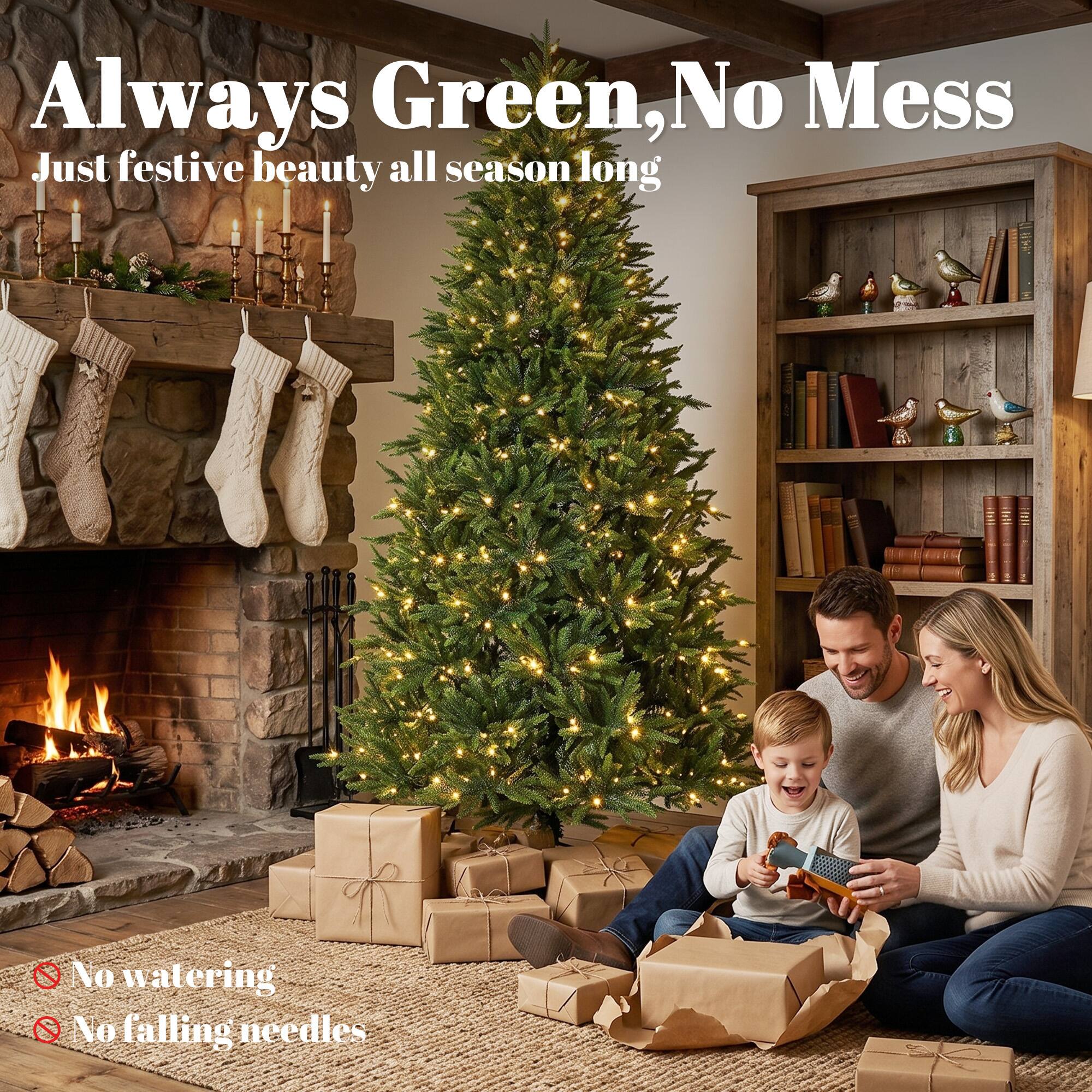 Always Green, No Mess  
Just festive beauty all season long  

No watering  
No falling needles