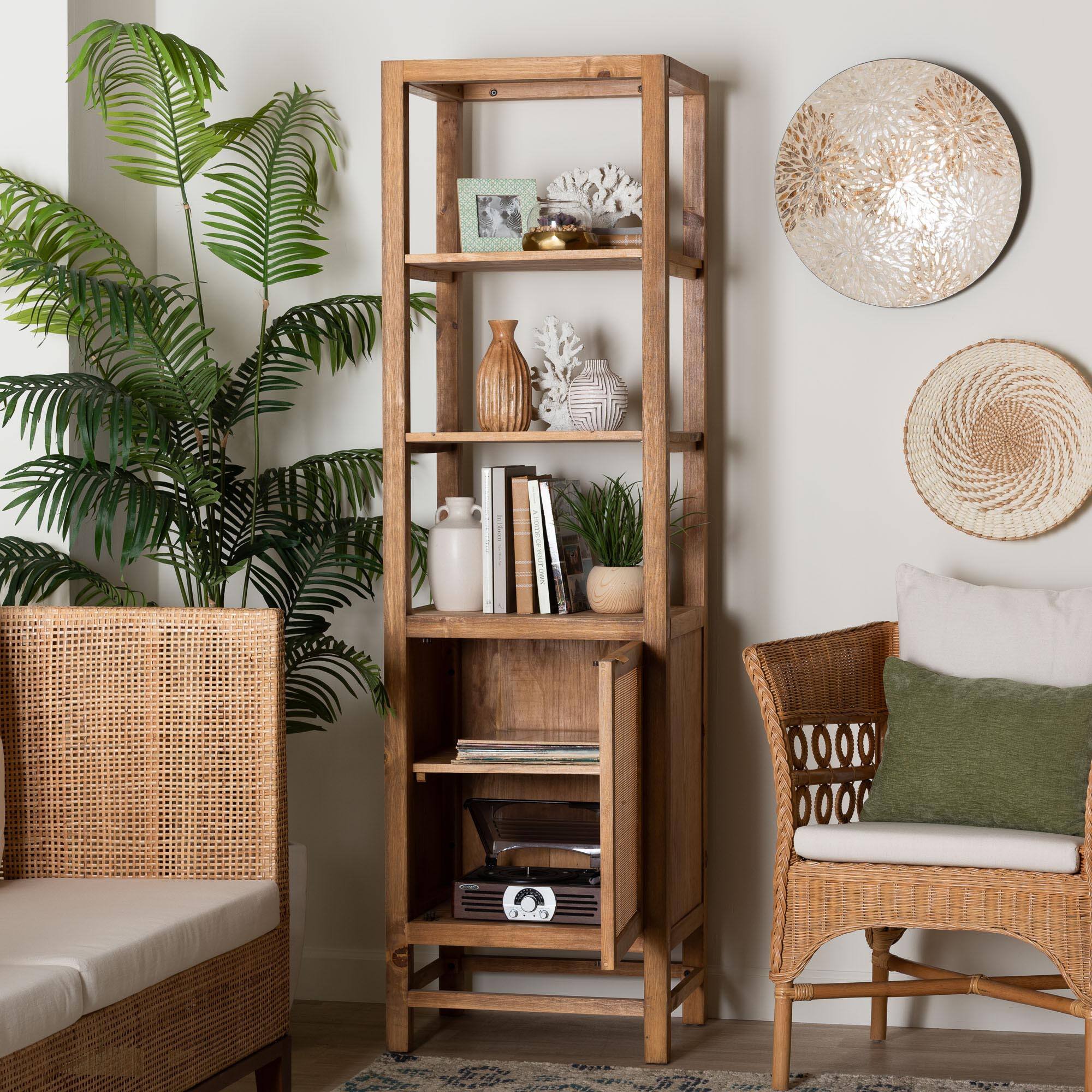 Alt View 7. bali & pari - bali & pari Sibu Storage Cabinet with Rattan Door - Tall Accent Display Tower with Open Shelves and Cabinet - Natural.