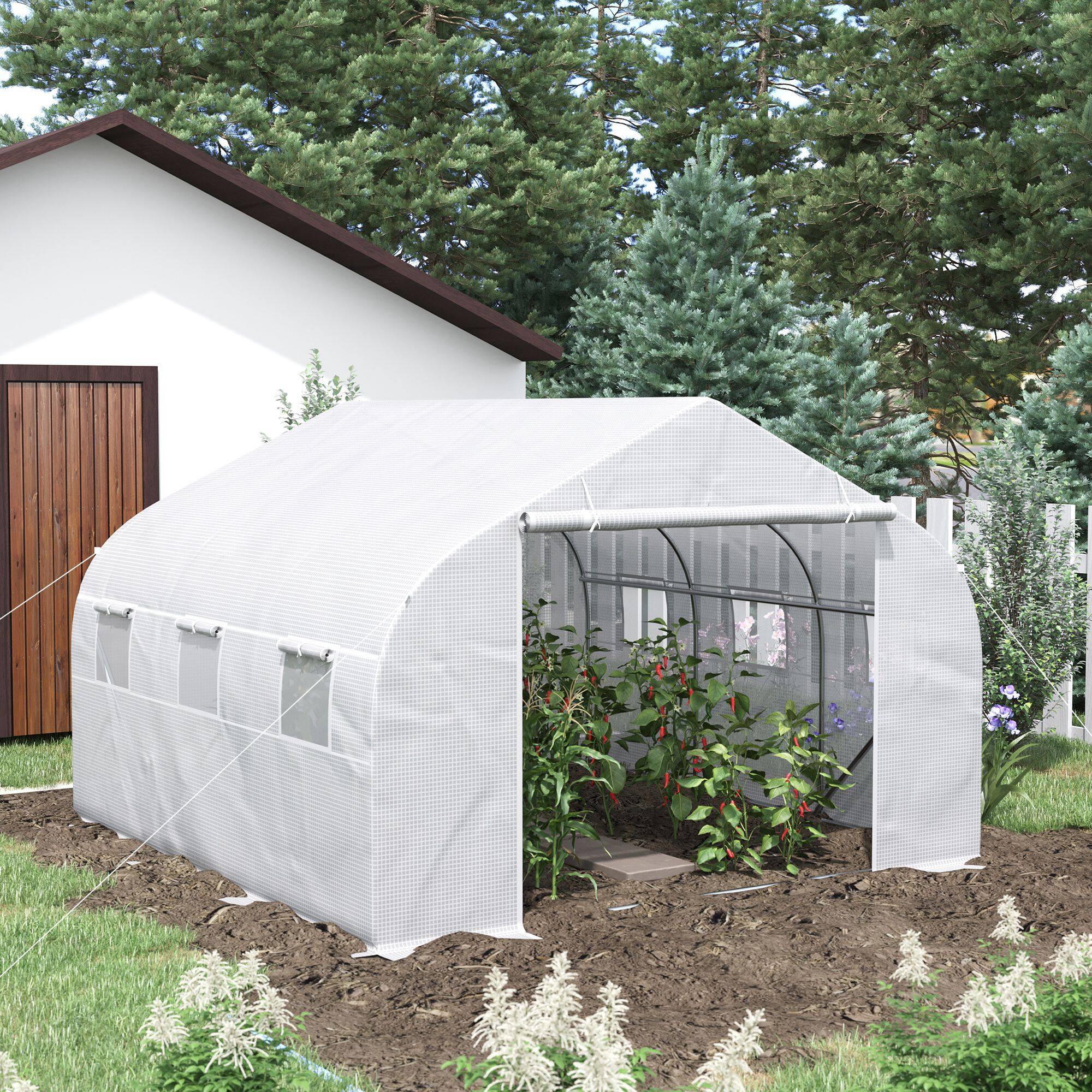 Alt View 1. Outsunny - 11.5' x 10' x 6.5' Walk-in Greenhouse, Tunnel Green House with Zippered Mesh Door and 6 Mesh Windows - White.