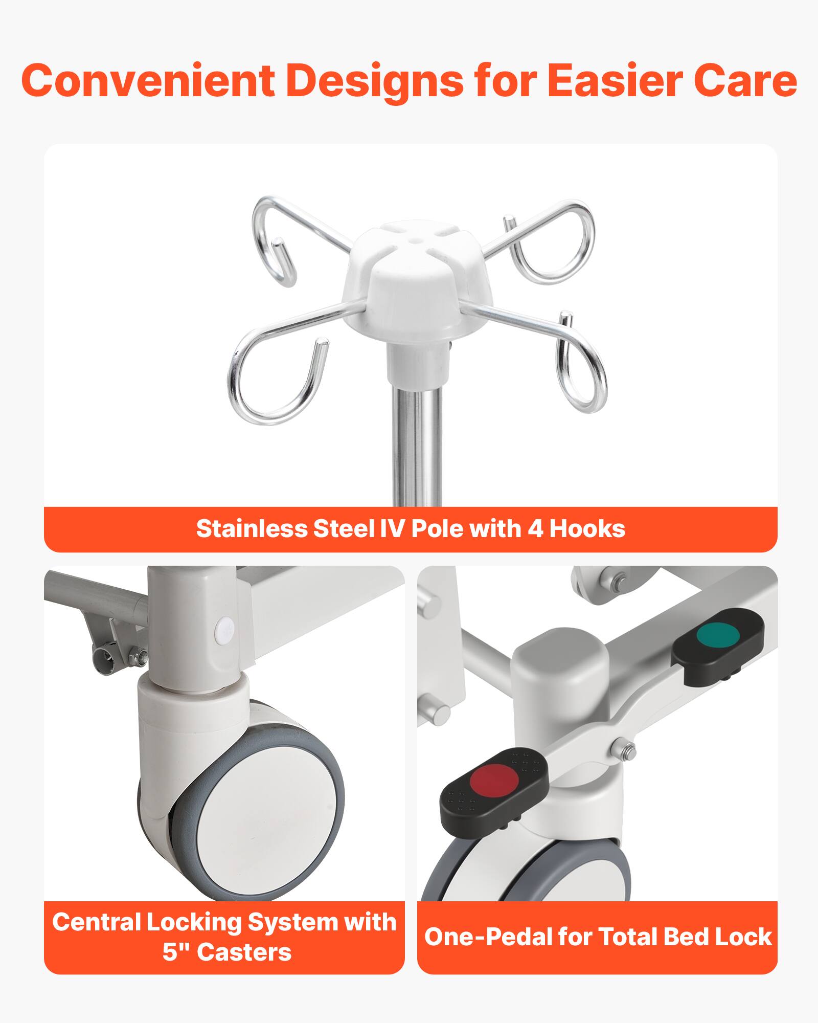 Convenient Designs for Easier Care  
Stainless Steel IV Pole with 4 Hooks  
Central Locking System with One-Pedal for Total Bed Lock  
5" Casters