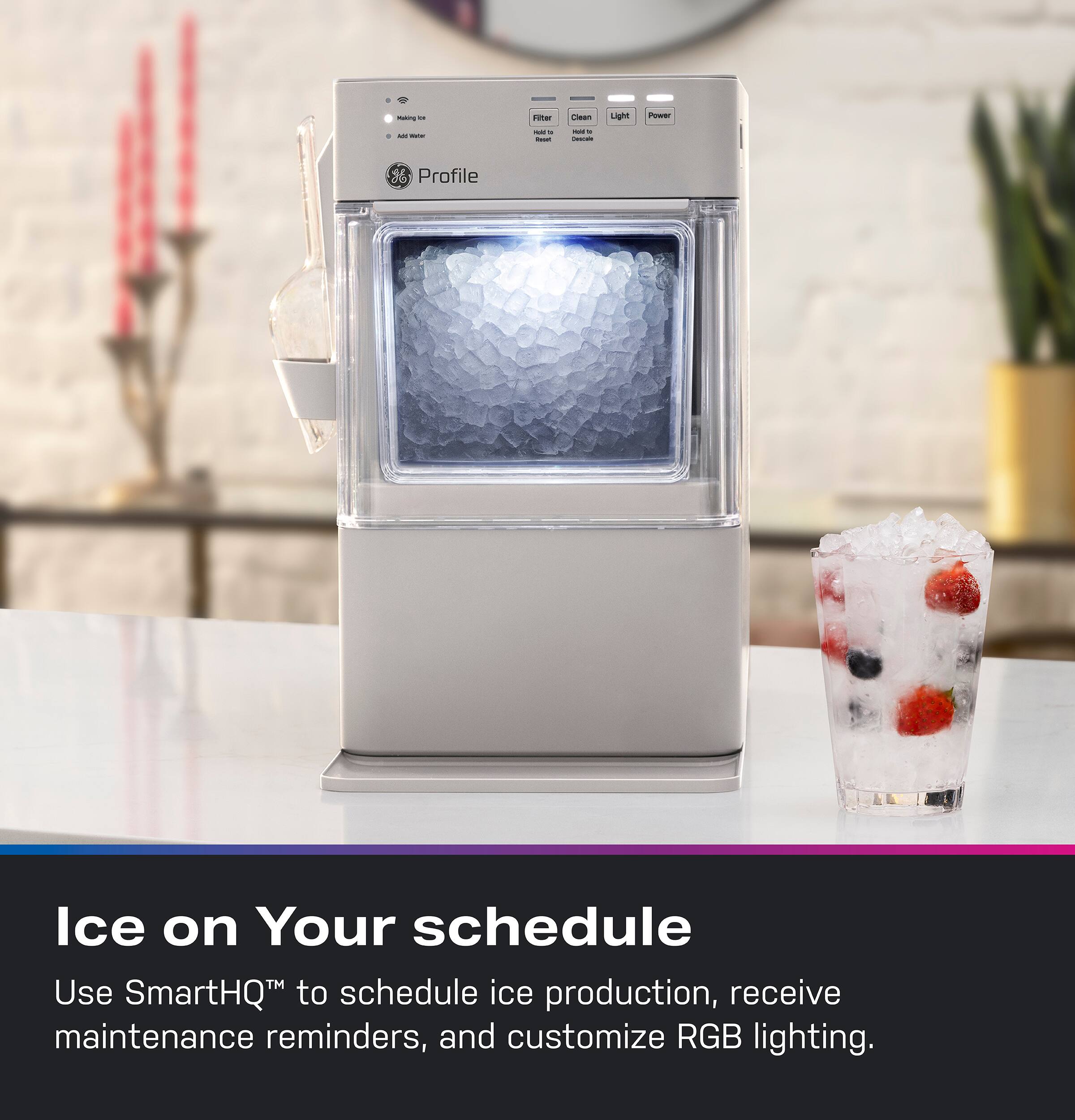 - .. sumar - LUM Power - - - - - - - - J Profile Ice on Your schedule Use SmartHQ™ to schedule ice production, receive maintenance reminders, and customize RGB lighting.