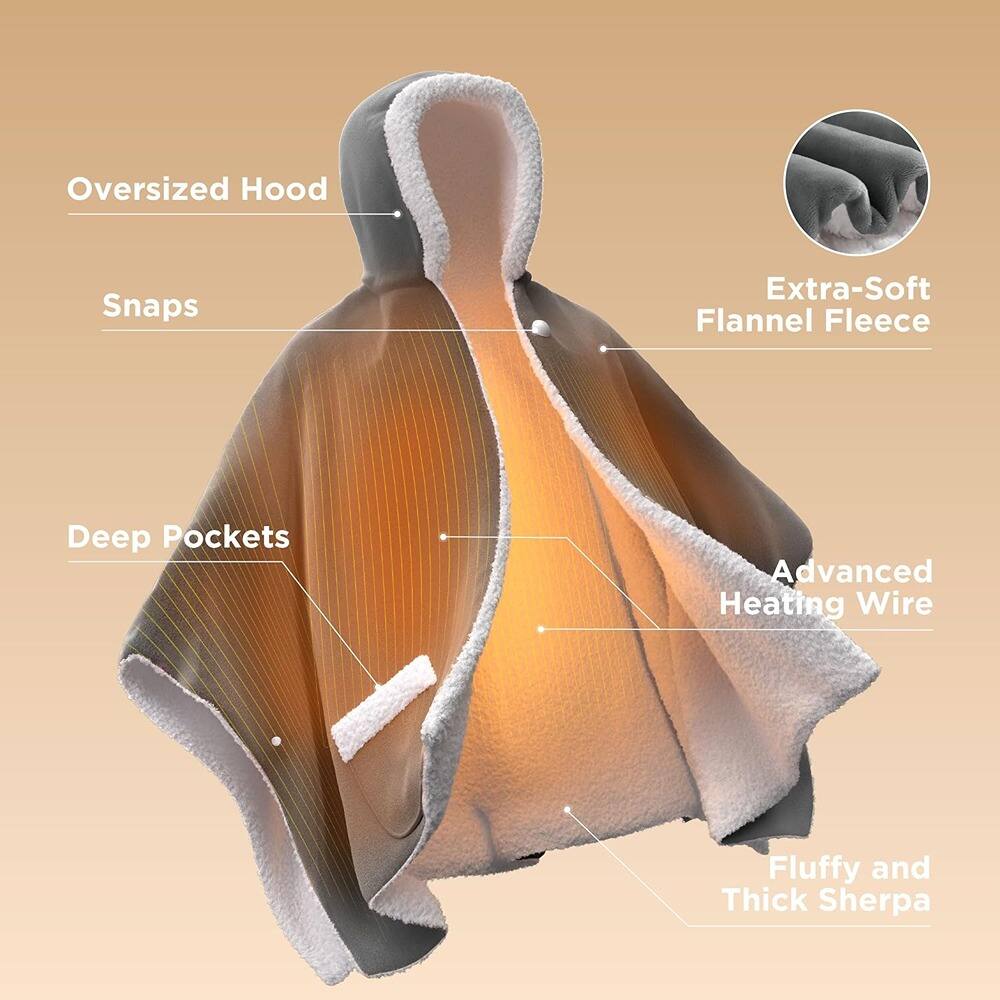 - Oversized Hood
- Snaps
- Extra-Sof Flannel Fleece
- Deep Pockets
- Advanced Heating Wire
- Fluffy and Thick Sherpa