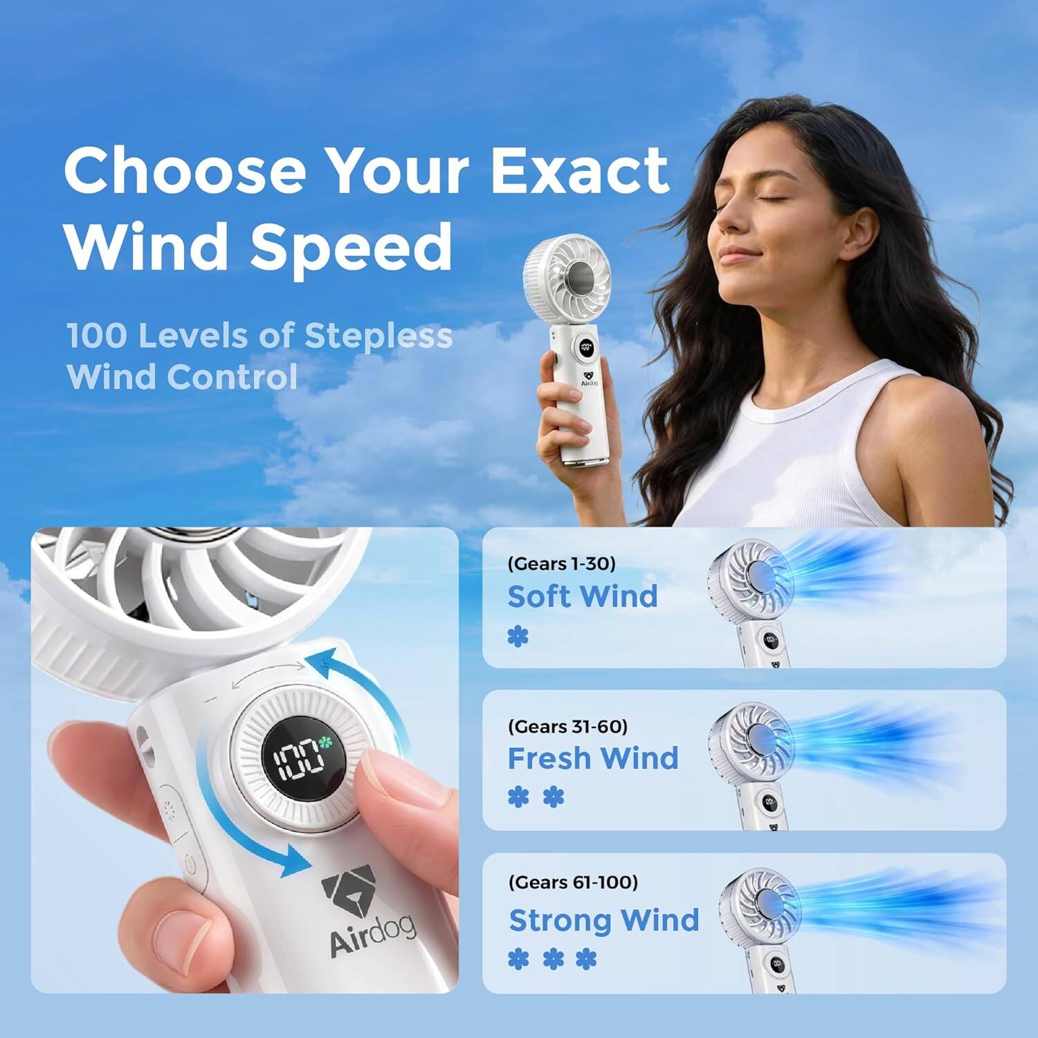 Choose Your Exact Wind Speed  
100 Levels of Stepless Wind Control  
- (Gears 1-30) Soft Wind  
- (Gears 31-60) Fresh Wind  
- (Gears 61-100) Strong Wind