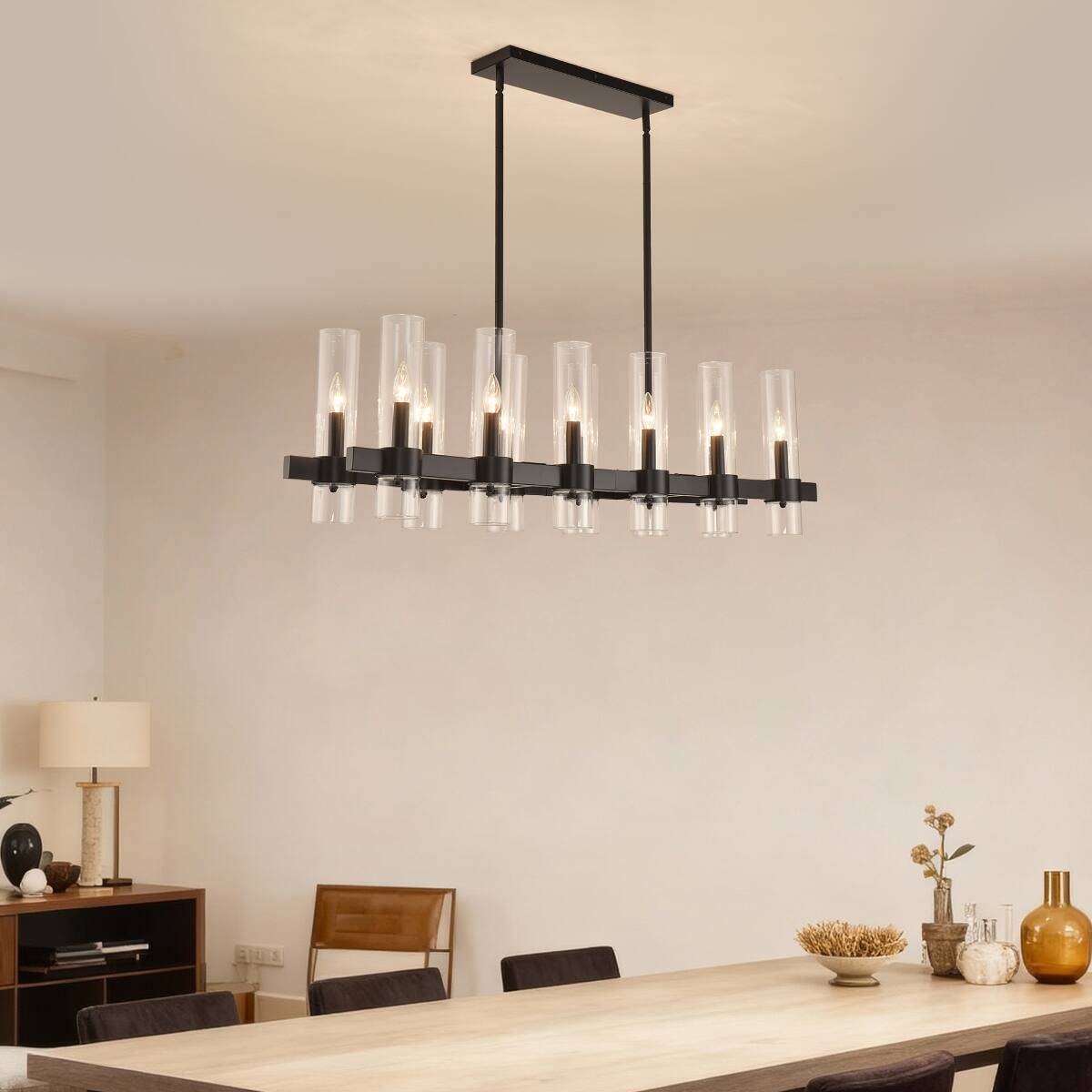 Alt View 9. Loheer - Loheer Modern Farmhouse Chandelier with Clear Glass Shades, Matte Black Linear Pendant for Dining Room or Kitchen Island.