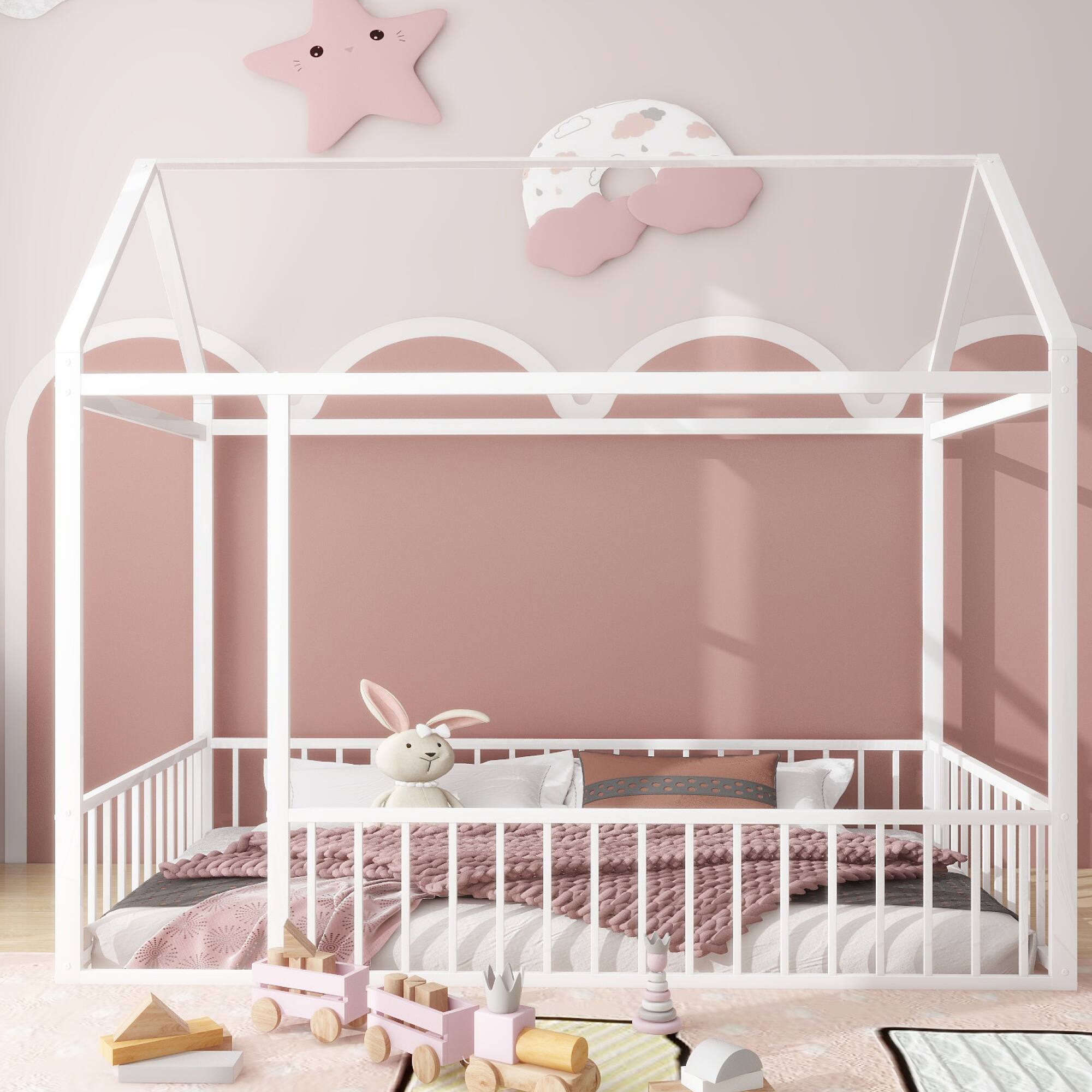 Alt View 5. GOODSILO - Twin Size Playhouse Bed Frame with Safety Fence for Kids and Teens - Sturdy Metal Construction - White.