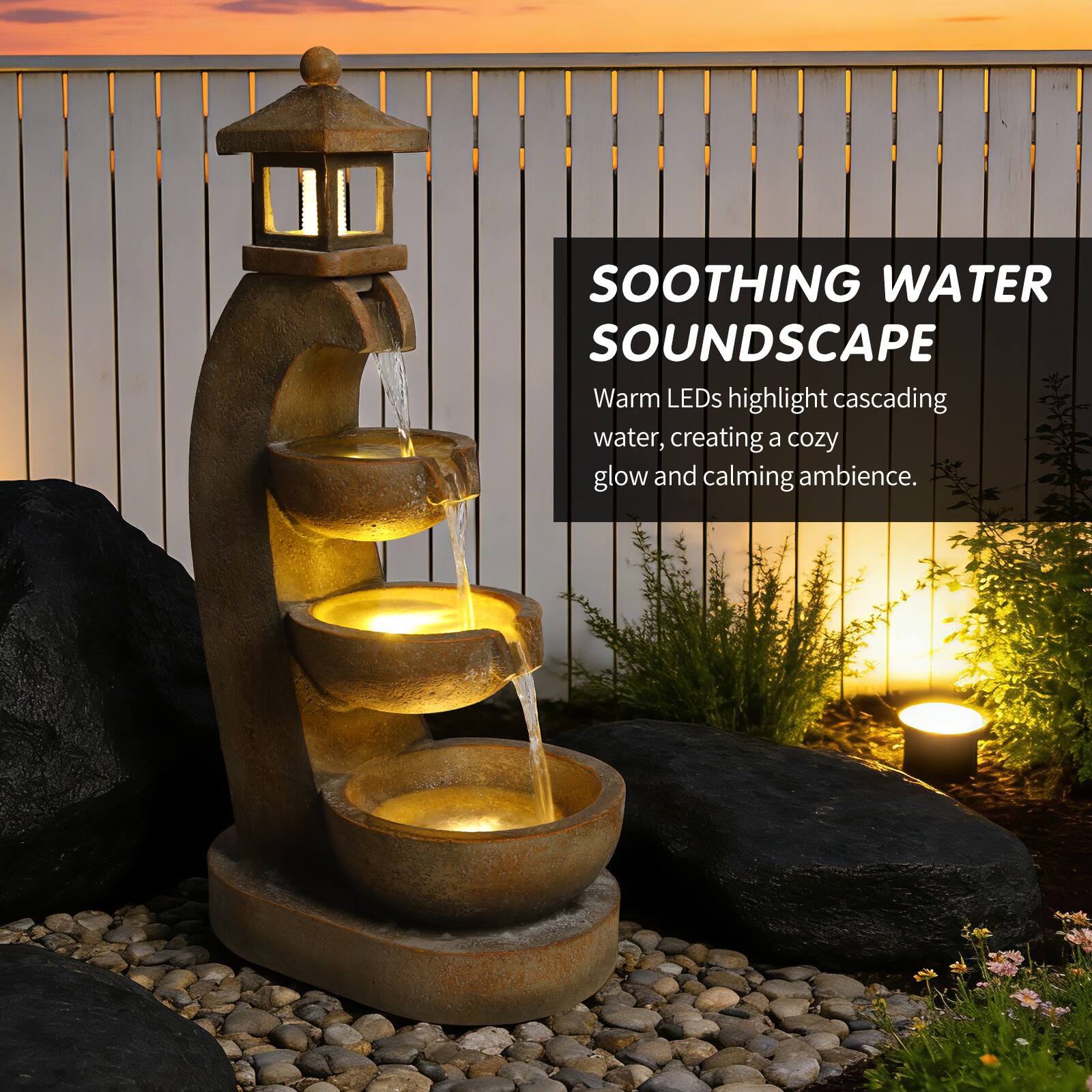 SOOTHING WATER SOUNDSCAPE  
Warm LEDs highlight cascading water, creating a cozy glow and calming ambience.