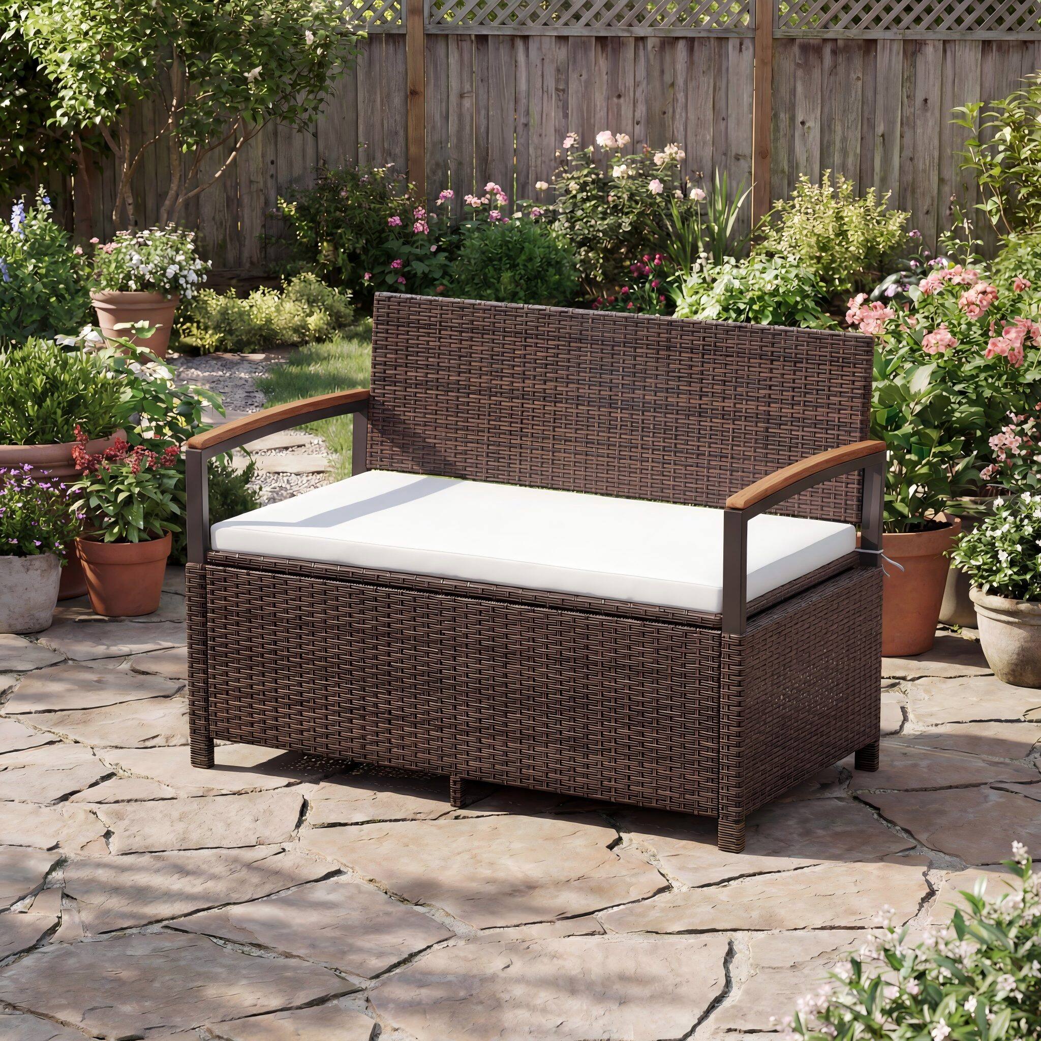 Alt View 1. Costway - Costway Outdoor Storage Bench with Cushion Backrest & Acacia Wood Armrests Hidden Storage - Mix Brown + Off-White.