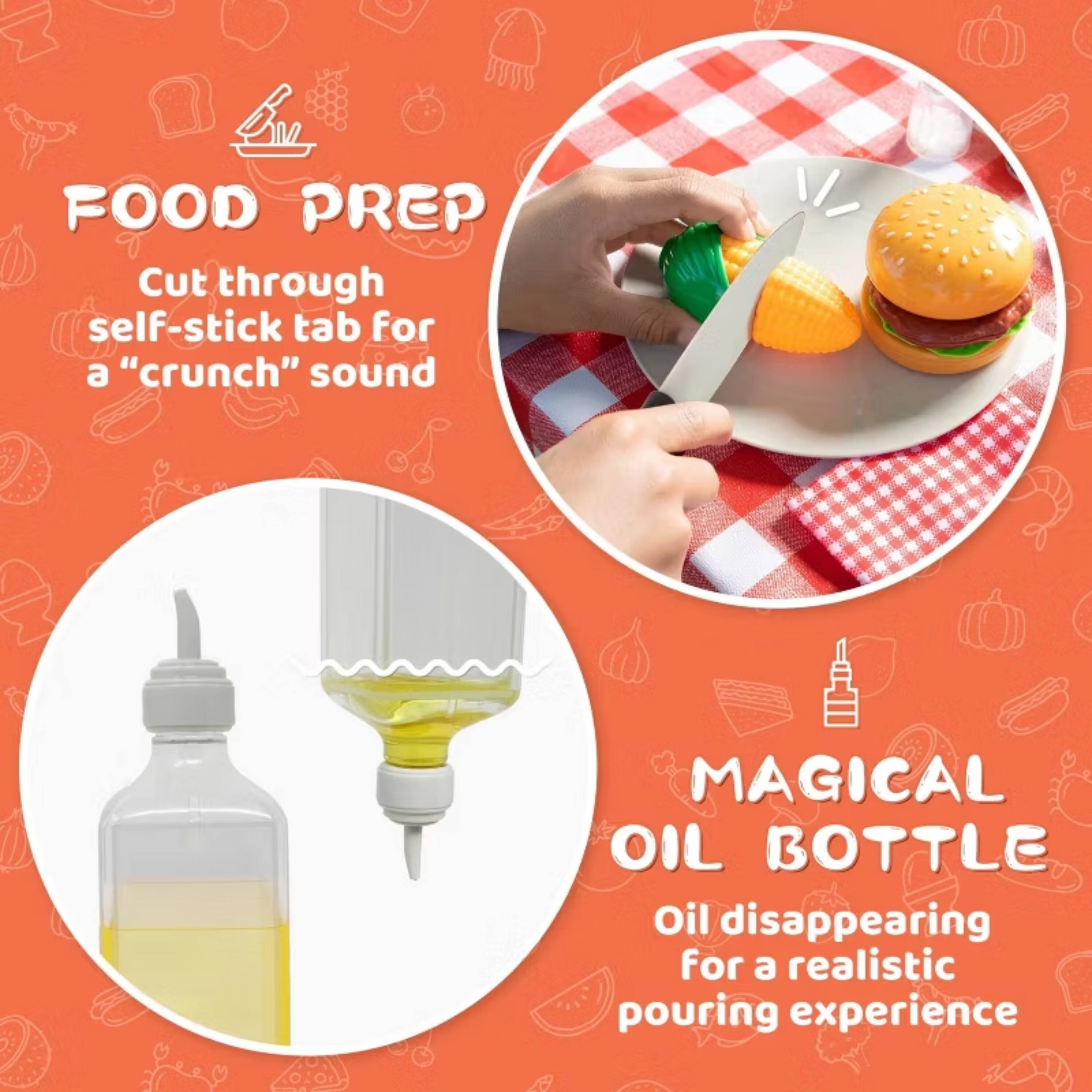FOOD PREP  
Cut through self-stick tab for a "crunch" sound  

MAGICAL OIL BOTTLE  
Oil disappearing for a realistic pouring experience