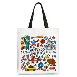 OrnamentallyYou - Happy 250 America Doodle Tote Bag, Patriotic USA 1776-2026 250th Anniversary Gift Shopper - Black