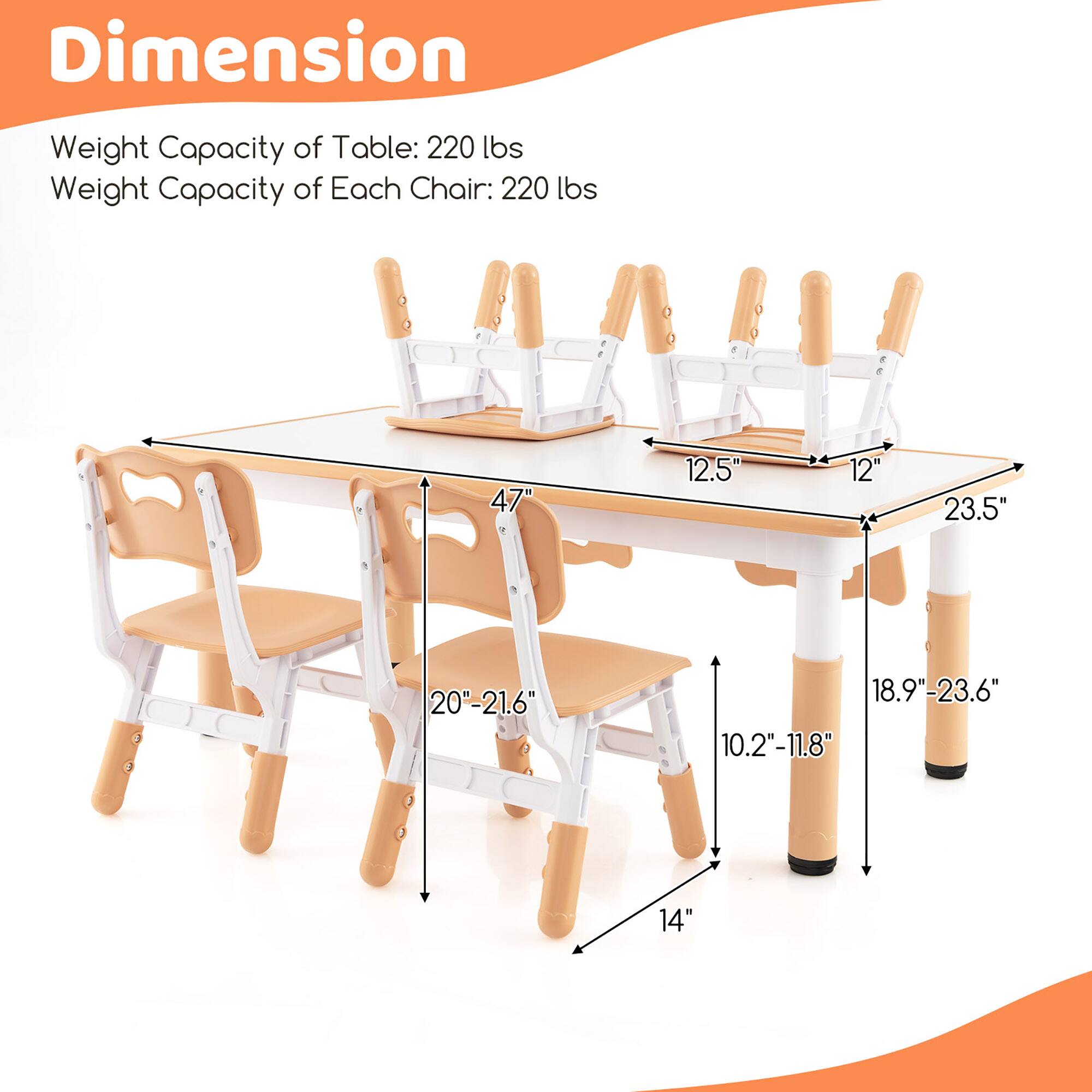 Dimension  
Weight Capacity of Table: 220 lbs  
Weight Capacity of Each Chair: 220 lbs  

- Table: 47" x 23.5"  
- Chair: 12.5" x 12" x 14"  
- Seat Height: 10.2"-11.8"  
- Leg Height: 18.9"-23.6"  
- Seat Depth: 20"-21.6"