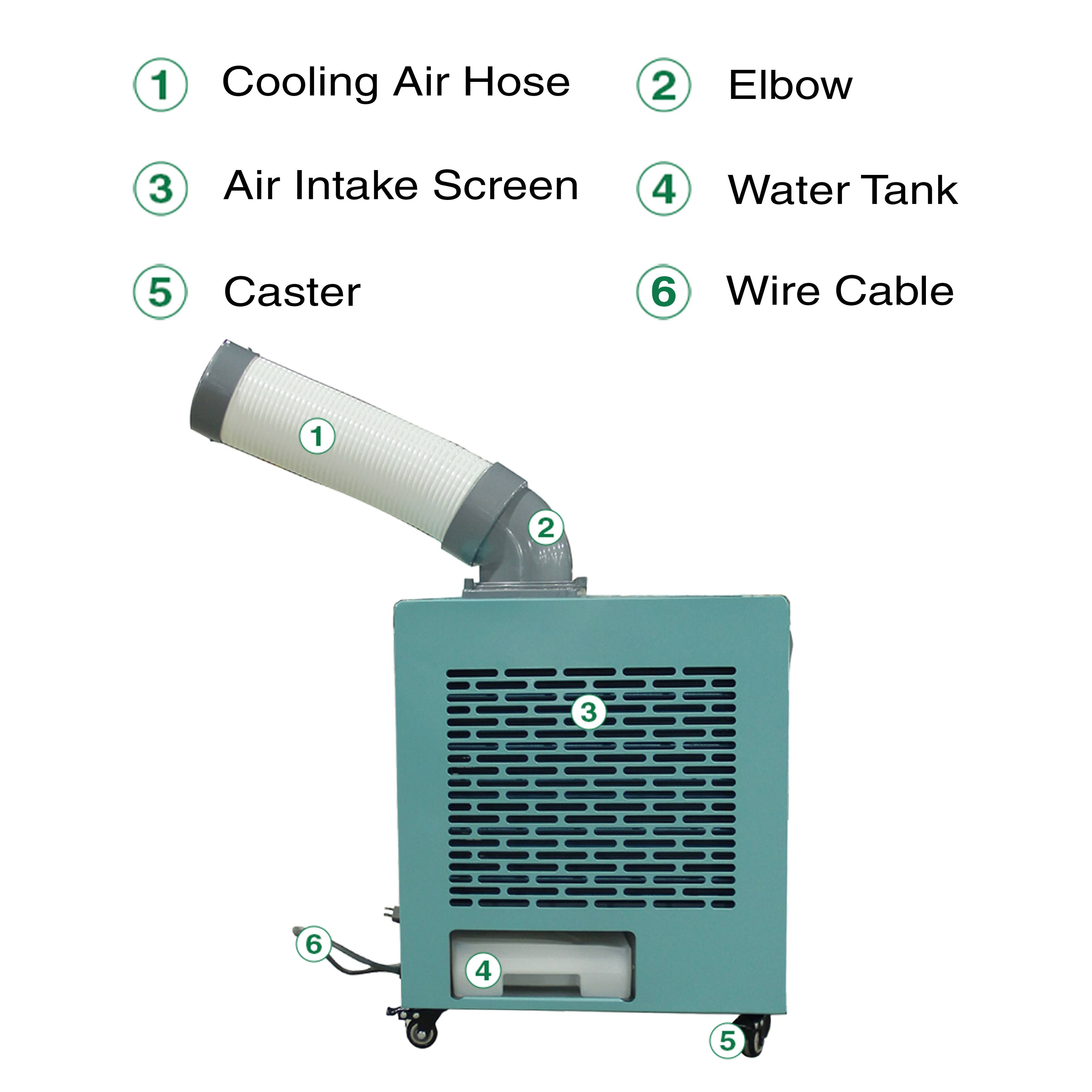 1. Cooling Air Hose  
2. Elbow  
3. Air Intake Screen  
4. Water Tank  
5. Caster  
6. Wire Cable