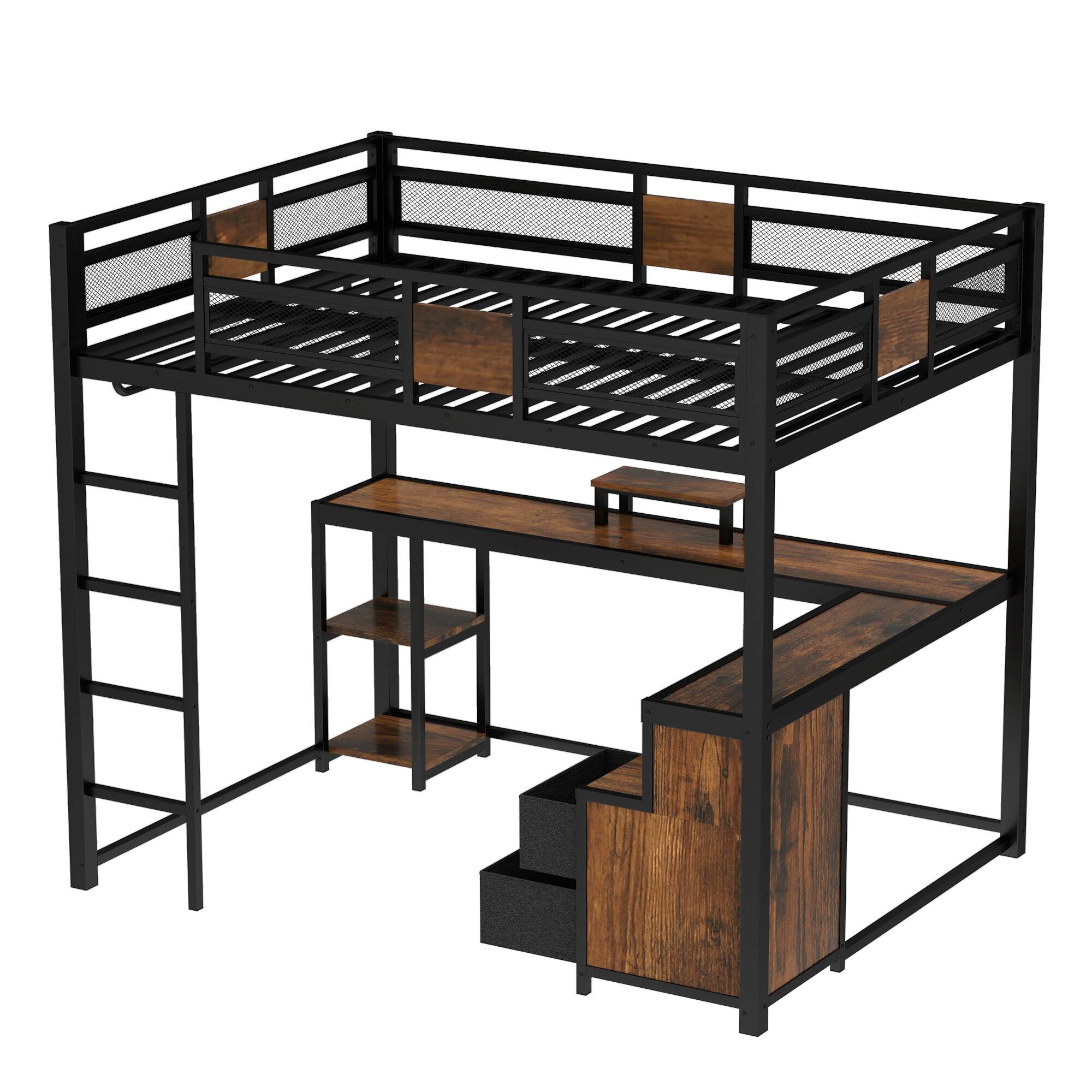 Back. Anysun - Queen Loft Bed w/ Desk, Fabric Drawers, Metal Frame, Ladders, Noise-Free, No Box Spring Needed - Black.