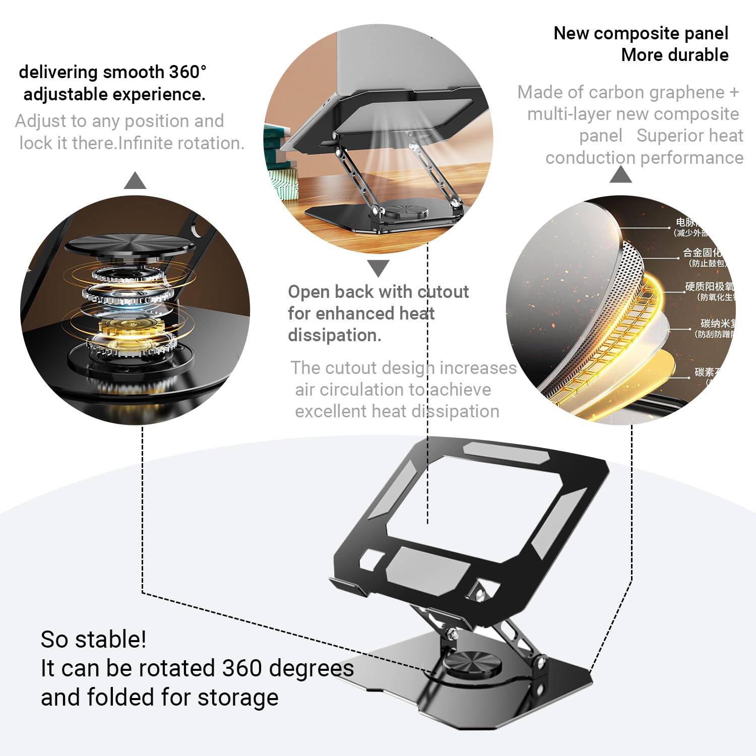 delivering smooth 360° adjustable experience.  
Adjust to any position and lock it there. Infinite rotation.  

New composite panel  
More durable  
Made of carbon graphene + multi-layer new composite panel. Superior heat conduction performance  

Open back with cutout for enhanced heat dissipation.  
The cutout design increases air circulation to achieve excellent heat dissipation  

So stable!  
It can be rotated 360 degrees and folded for storage