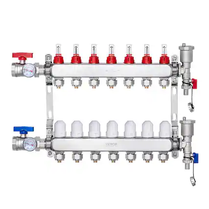 Front. VEVOR - 7-Branch Radiant Heat Manifold, 1/2" PEX Tubing Manifold,Stainless Steel PEX Manifold for Hydronic Radiant Floor Heating - Silver.