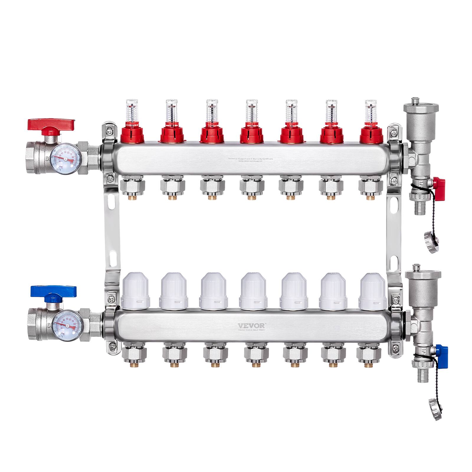 VEVOR - 7-Branch Radiant Heat Manifold, 1/2" PEX Tubing Manifold,Stainless Steel PEX Manifold for Hydronic Radiant Floor Heating - Silver