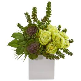 BreeBe - 14" Rose & Succulent Artificial Arrangement in White Vase - Green