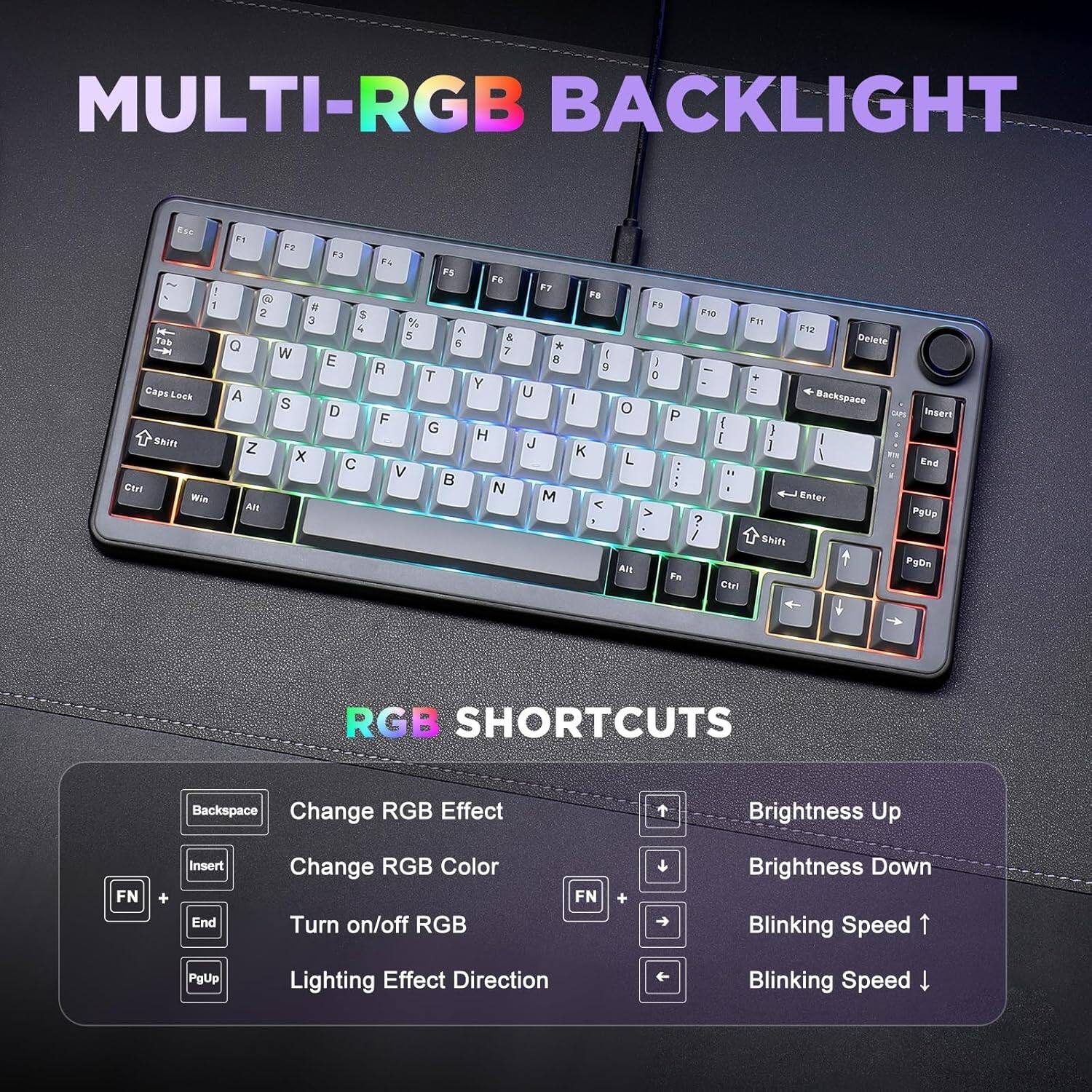 **MULTI-RGB BACKLIGHT**

**RGB SHORTCUTS**

- **Change RGB Effect:** Backspace
- **Change RGB Color:** Insert
- **Turn on/off RGB:** End
- **Lighting Effect Direction:** PgUp
- **Brightness Up:** FN + Insert
- **Brightness Down:** FN + End
- **Blinking Speed Up:** FN + Right Arrow
- **Blinking Speed Down:** FN + Left Arrow