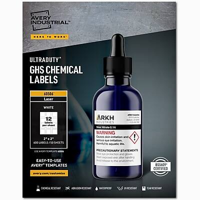 AVERY INDUSTRIAL
HERE TO WORK
ULTRADUTY™
GHS CHEMICAL LABELS
60506
Laser
WHITE
12 Labels per sheet
400 Labels
150 Sheets
ARKH
NOUSTRIES
Silver Nitrate .1N
WARNING
Causes skin irritation and serious eye irritation.
Harmful to aquatic life.
PRECAUTIONARY STATEMENTS
- Wear protective clothing and gloves.
- Handle with care.
EASY-TO-USE
AVERY TEMPLATES
avery.com/customize
BS5609 CERTIFIED
CHEMICAL RESISTANT
ABRASION RESISTANT
WATERPROOF
TEAR RESISTANT