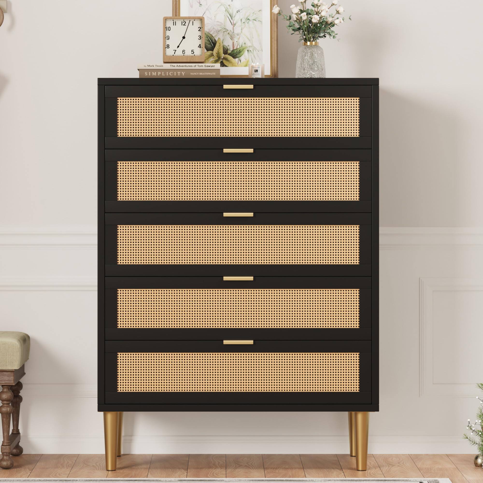 Alt View 1. GARVEE - Rattan 5 Drawer Dresser, 44'' Tall Narrow Chest, Farmhouse Vertical Dresser with Metal Legs and Handles - Black.