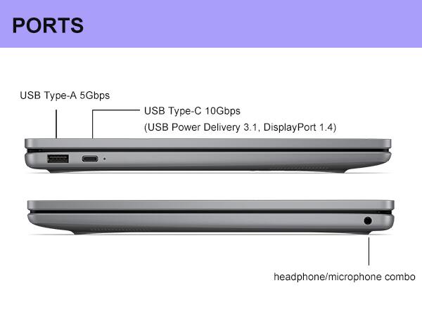 PORTS  
USB Type-A 5Gbps  
USB Type-C 10Gbps (USB Power Delivery 3.1, DisplayPort 1.4)  
headphone/microphone combo