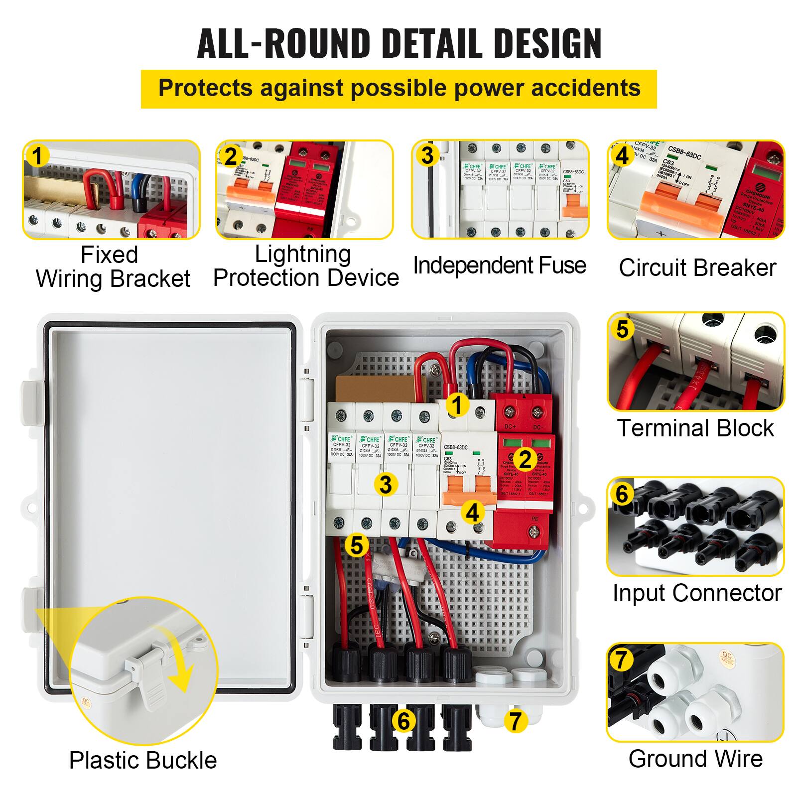 ALL-ROUND DETAIL DESIGN  
Protects against possible power accidents  

1. Fixed Lightning Independent Fuse Circuit Breaker Wiring Bracket Protection Device  
2. Terminal Block  
3. Input Connector  
4. Plastic Buckle  
5. Ground Wire  

- UPVN 1 2 - 3 - 4 - CEMB-B3DC  
- CME F LMP LS o M ad -d AOV  
- 4 I - - I i - I - I - - - :   TEA - .. - - -  
- CHRE FDFE on FCM a CPUM UP aVa I C  - i -  - - - 4 - - - a - - - - . : : - I : 3 4 5 D 2 - 2 I - - . | - | I . i | P