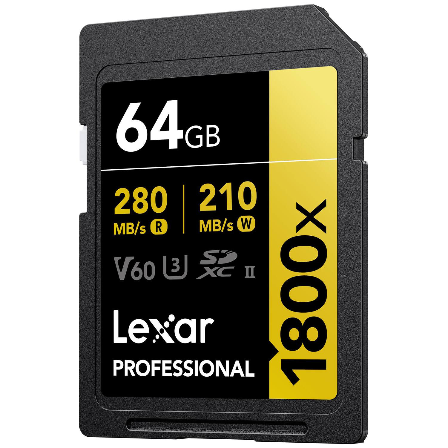 64 GB  
280 MB/s R | 210 MB/s W  
V60 U3  
Lexar PROFESSIONAL  
1800x