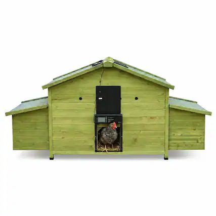 Front. RYHNUYNE - 70 in Automatic Chicken Coop, Solid Wood Hen House, Solar Door, 2 Nesting Boxes, Pull-Out Tray, Remote.
