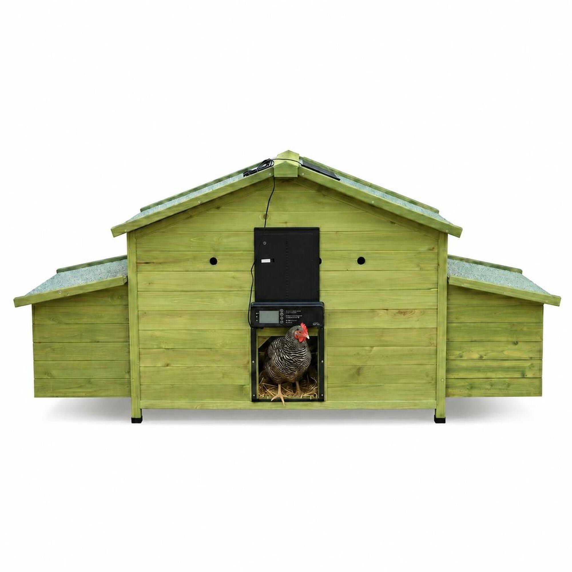 Front. RYHNUYNE - 70 in Automatic Chicken Coop, Solid Wood Hen House, Solar Door, 2 Nesting Boxes, Pull-Out Tray, Remote.